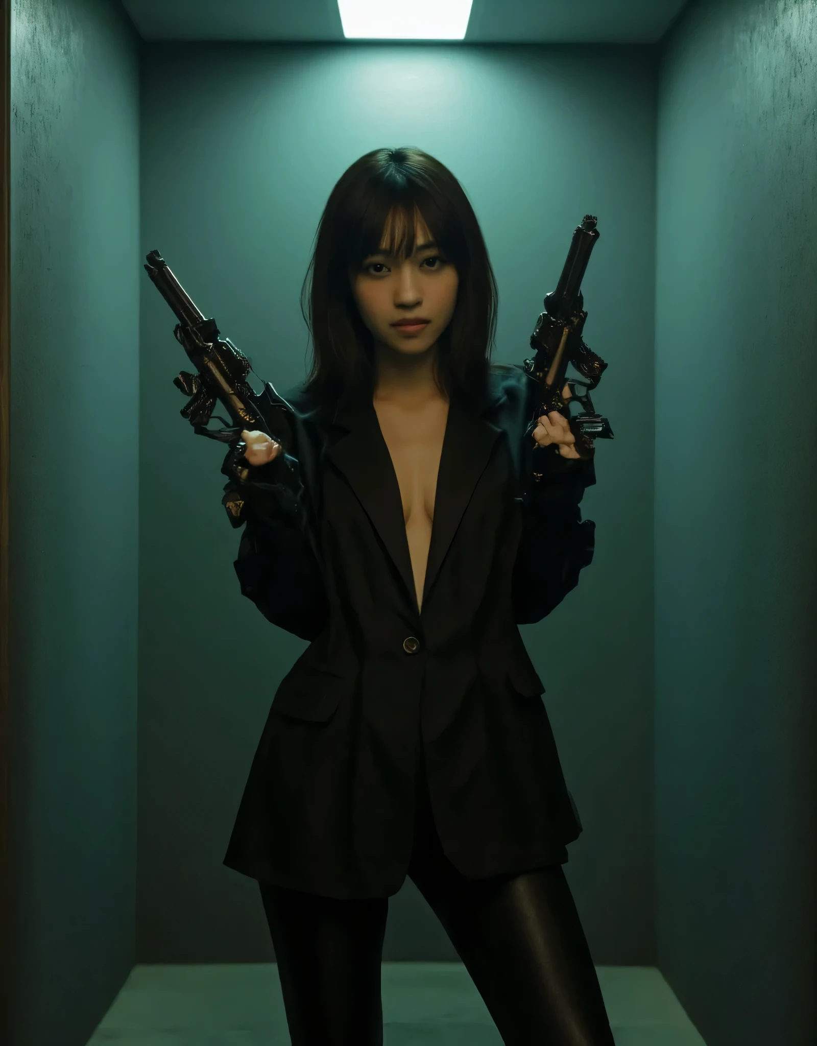 ((Inside a dark base in the near future:1.5),(( cyberpunk vibe :1.5)),( blurry background:1.5),((whole body:2.0)),((( futuristic SWAT troop style black super high leg bodysuit:2.0))),((Shiny ultra high leg leotard :1.5)),cami style ,(( tight latex high leg leotard that fits the body)),(( wear a military jacket with an open front over a leotard :1.9)),((ear monitor:1.5)),(((Tactical Holster:1.5))),( gloves:1.5),( one woman), cute face,Beautiful well-balanced face ,( 20 year old Japanese woman), ( Glamorous Shots of Japanese Women ),( Slender Beautiful Body :1.5),( model body type),Slim body,(( big breasts:1.5)),(((Bare thighs:1.8))),((Voluptuous thighs:1.5)),( delicate body:2.0),((Very sensual:1.5)),(( :1.5)),(Hold a futuristic laser gun:2.0),(( perfect body line)),(( Ideal Proportions )), realistic skin texture,( natural big breasted :1.5),( black hair:1.5),( beautiful eyes:1.3),( Shrimp:1.5)),A harmonious posture,(((masterpiece:2.0))),( best quality :1.5),( high resolution:1.5),(UHD:1.5),( movie lights:1.5),( Delicate Depiction),((( Carefully Depict Limbs Based on Perfect Anatomy:2.0)),( carefully drawn with butterfly wings ))),32K, Polo, ULTRA DETAILS,((超 high resolution)), Draw eyelashes carefully, ( very detailed face:1.5),((Highly detailed female hand:1.8)),(Sexy appearance:1.5)