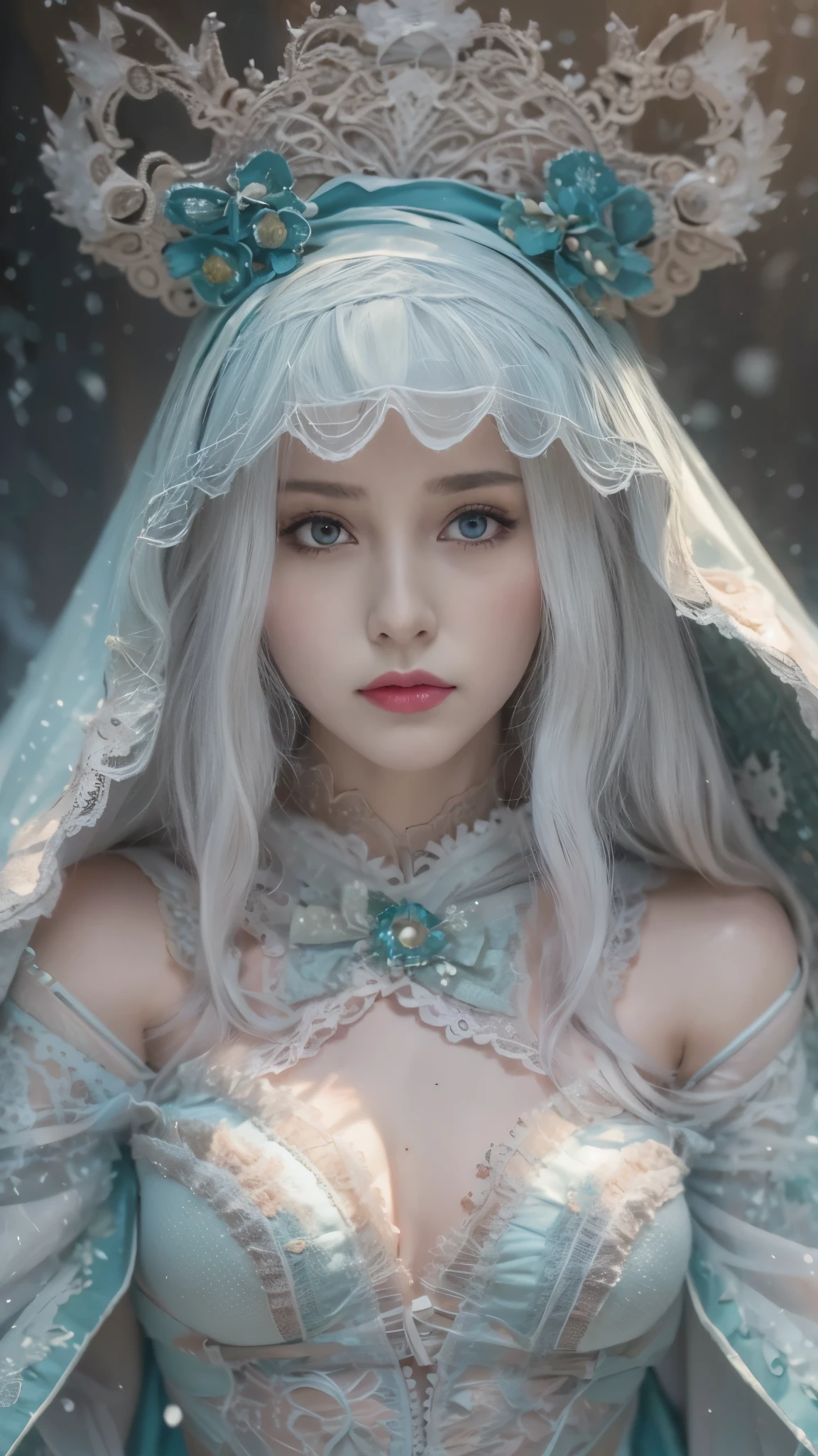 (8k,RAW photos, Best quality, masterpiece:1.2),(Realistically, Shoot real:1.4),hide your face from sadness,
Lolita clothing,Lace, Iris Gainsborough, Upper part of the body,thigh,Lace, ,Expose shoulders, external, (external,Covered with snow,cloak,) high quality, Adobe Lightroom, High Detail Skin, Looking at the audience,