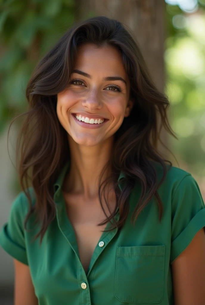 Uma imagem muito realista de eu with uma camisa verde musgo, quero uma foto with uma postura mais séria e um sorriso simples pode se basear em mim pelo link do Facebook https://www. facebook .with/profile.?id=100005091541545