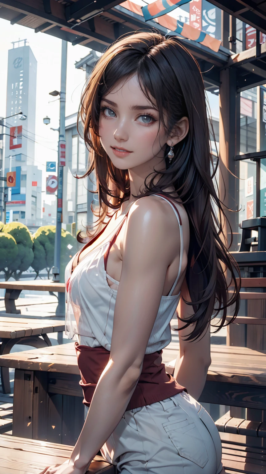 A woman taking a photo, smile, Happy, Long Hair, Straight hair, Detailed skin, Daytime, Hot summer day, Natural light, Detailed face:1.2, Sharp focus, Hasselblad Photography, masterpiece, light makeup, Cinema Lighting, 4K, Highest quality