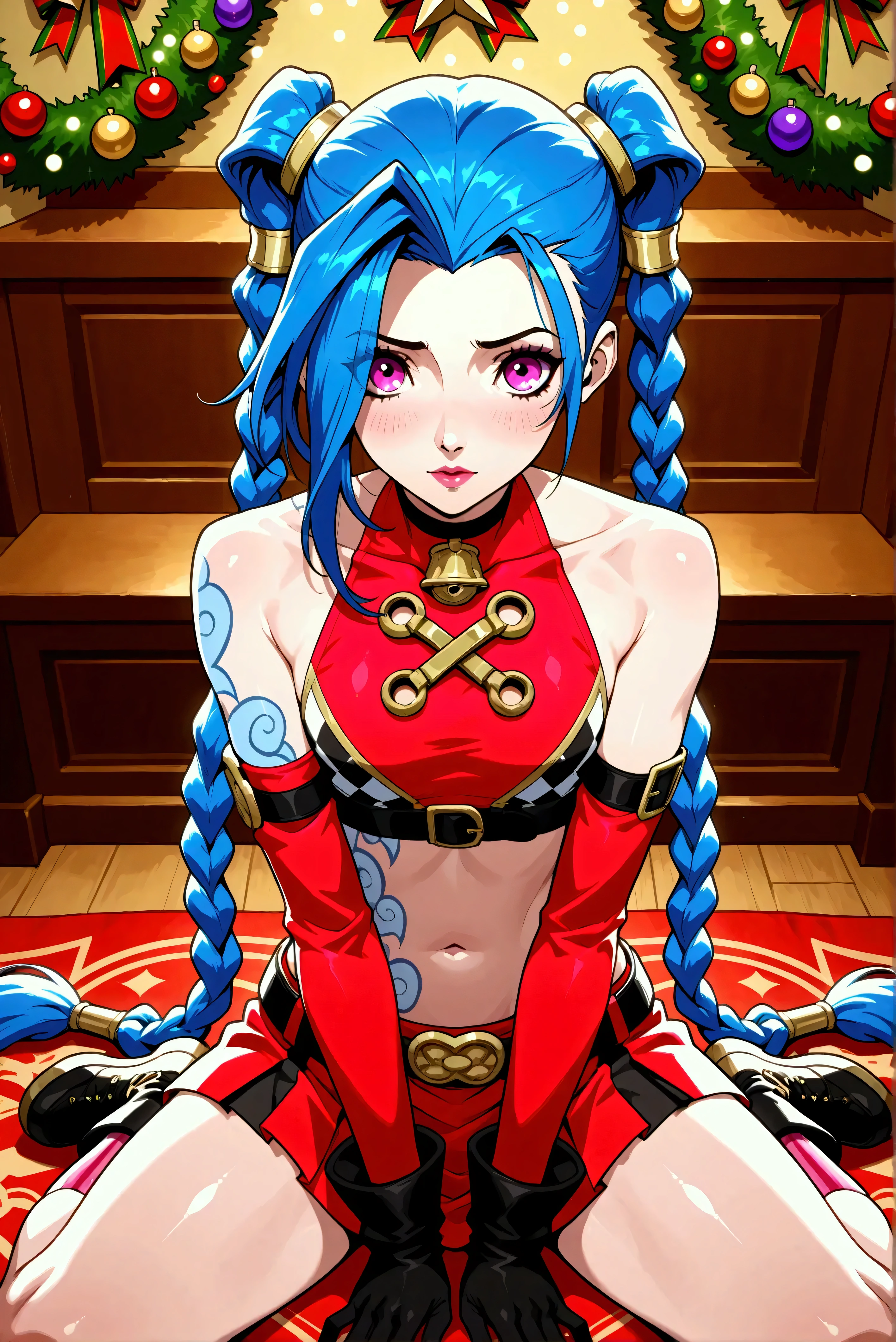 Créer une description créative et ludique d'un personnage inspiré du concept de « Nude Jinx » de noel, une représentation sexy et séduisante tout en mettant l'accent sur ses traits de personnalité, son style et la façon dont elle interagit avec le monde qui l'entoure. . Mettez l'accent sur sa nature ludique, son énergie vibrante et son sens unique de la mode d'une manière légère et artistique. Create a design or concept inspired by the character Jinx from the game *League of Legends* with a holiday twist, incorporating elements that reflect both her chaotic persona and the festive spirit of Christmas. Use bright colors, playful motifs, and unexpected contrasts to capture her mischievous nature while celebrating the joy of the holiday season. Consider elements such as decorations, outfits, and interactions with traditional holiday symbols. Aim for a fun and whimsical design that balances Jinx's wild energy with the warmth of festive cheer.