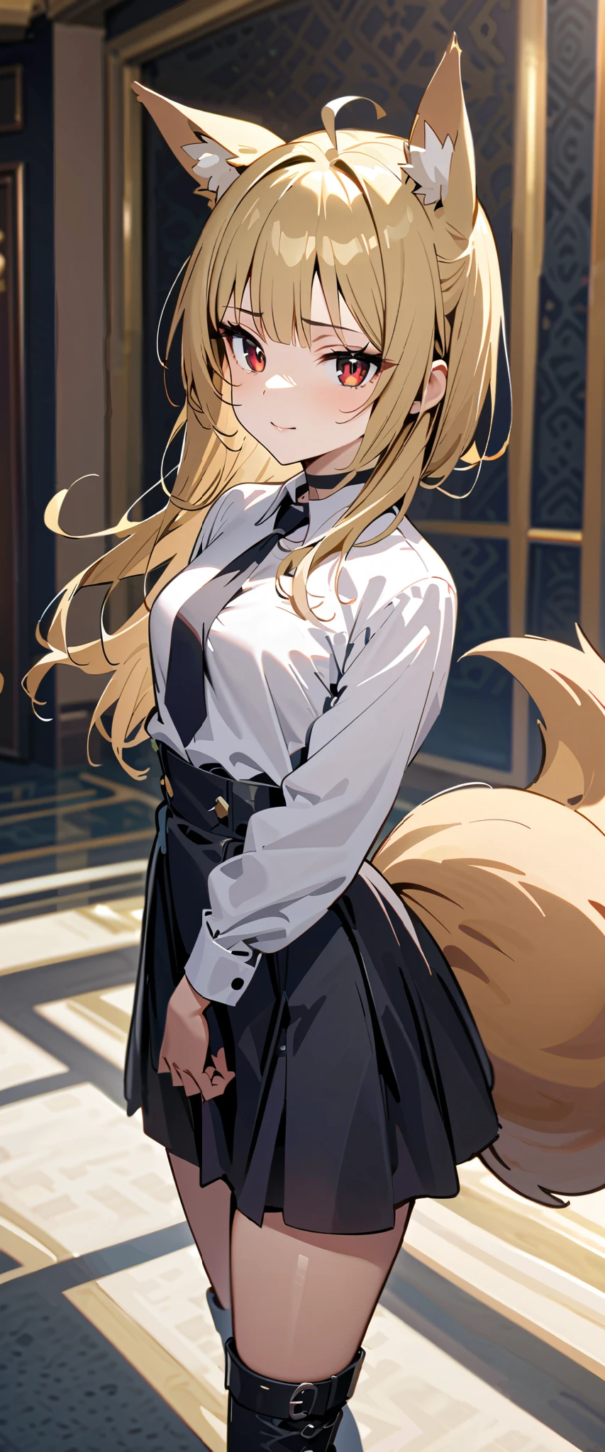 (high-quality, breathtaking),(expressive eyes, perfect face) 1girl, female, solo, maomao, cowboy shot, full shot, blonde hair color, alluring red eyes, long hair, flat chested, small breasts, small stature, fox ears, fox tail, mature, small Ahoge, ballroom background, soft smile, bored expression, looking towards viewer, HD, High quality image, dusty particles floating around, black choker, black high platform boots, formal attire, white blouse, black skirt with frills, goth platform boots, loose black tie