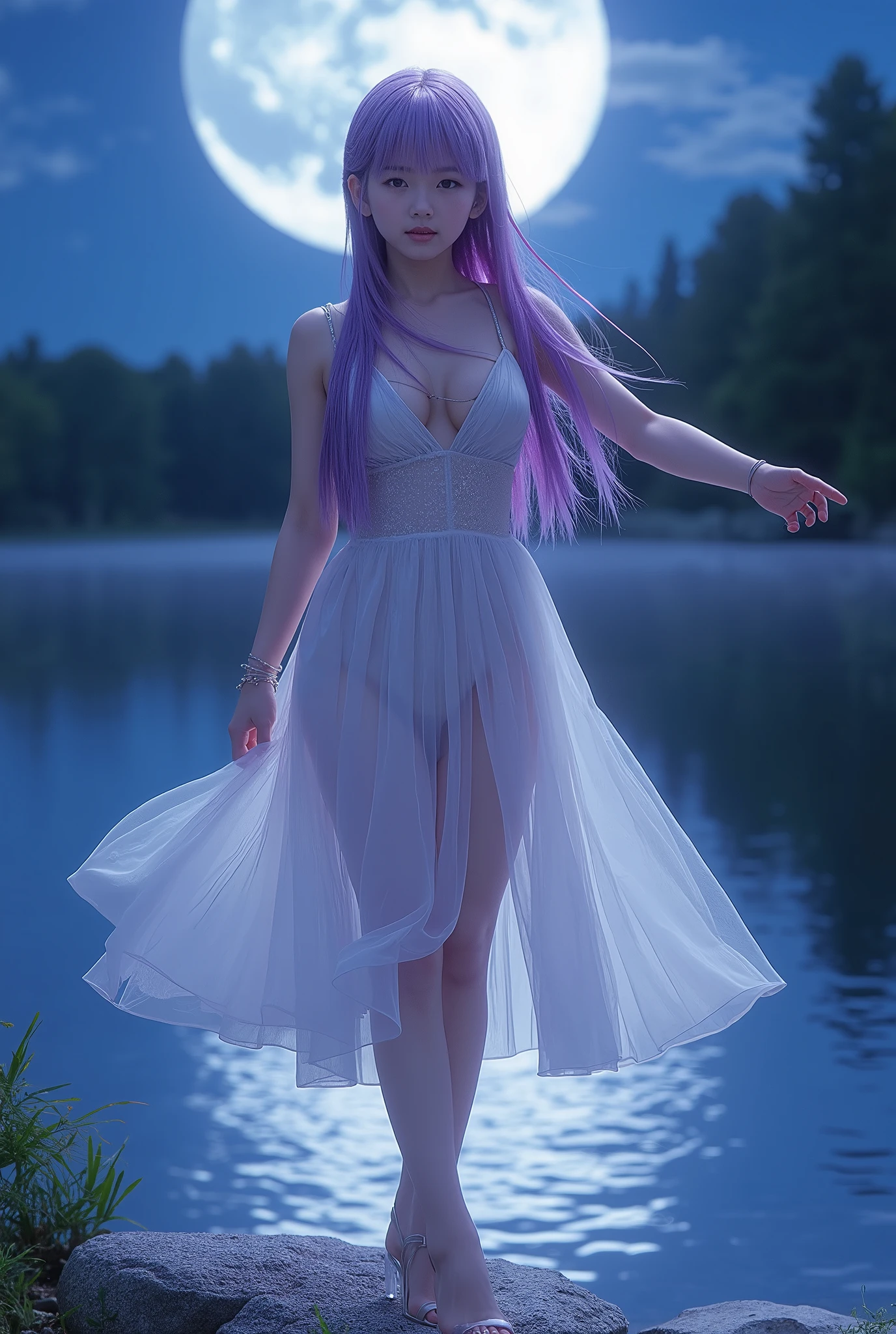 top quality、 photorealistic、 realistic comic style Japanese woman wearing a thin pink ribbon、 erotic 、Beautiful woman with long light purple hair 1 :5( fluffy hair 、 Sharp Eyes )、 See-through White Dress ( small breasts、 sleeveless、 deep v-neck、I can see the flank、 belly button out、 long skirt with deep slits )、glass leggings、 Glass High Heels、 spread your arms、Standing on the lake、Moonlit Night Forest Lake