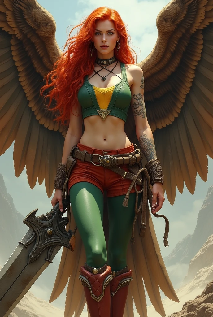A beautiful red-haired woman wearing a green leather top with yellow in the middle and cali green leggings with red shorts over the leggings, red sheepskin boots, a giant wide-brimmed sword, huge brown falcon wings that cover her entire body, a brown harness on her chest