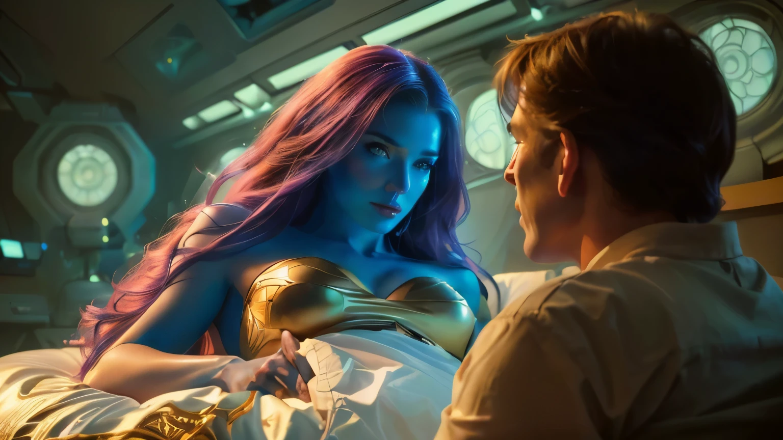 a close up of a person laying in bed with a woman, mystique, artgerm julie bell beeple, moebius + loish + wlop, artgerm and lois van baarle, by Mark Arian, marvelous expression, chris moore. artgerm, moebius + artgerm, hyper realistic image