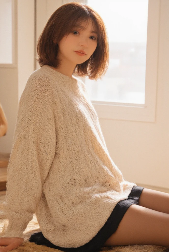 Beautiful girl wearing a mall sweater、Wool skirt、14years、japanes、livingroom、