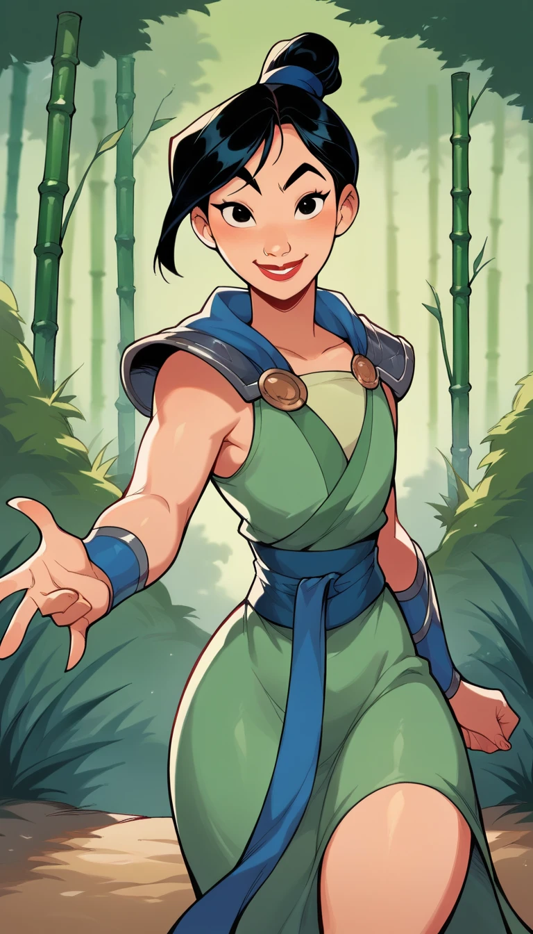 score_9, score_8_climb, score_7_climb, score_6_climb, MulanXLP, Single hair bun,blushing, Dragon scale pattern underwear ,,Medium bust, small waist, wide hips, thick thighs, look at viewer, Cowboy Shot, cartoon, Squatting, alone, Chinese temple, bamboo forest,disney, Dutch corner, 1 boy,