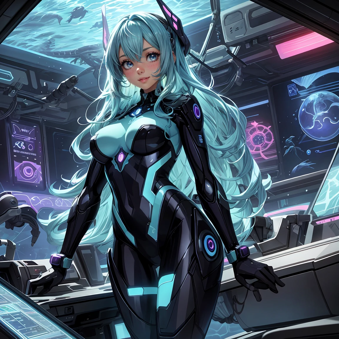 Full body, blue hair, blunt van, masterpiece, top quality, official art, album art, very elaborate CG Unity 8K wallpaper, lone girl, Japan girl, full body, super high resolution, (photorealistic: 1.4), dynamic angle, dynamic pose, mystical power, floating particles, reflection, so cute, sparkling blue color eyes, golden hour lighting, Pilot suit in white and blue and black colors, tight fitting clothes, full-body covering clothes, knee boots, (puffy eyes), viewer looking, front-facing, beauty, medium breasts, shirt lift, metal wire, slim body, arm-length gloves, anime heroine, gentle smile, headset, helmet, detailed robot cockpit, super futuristic space