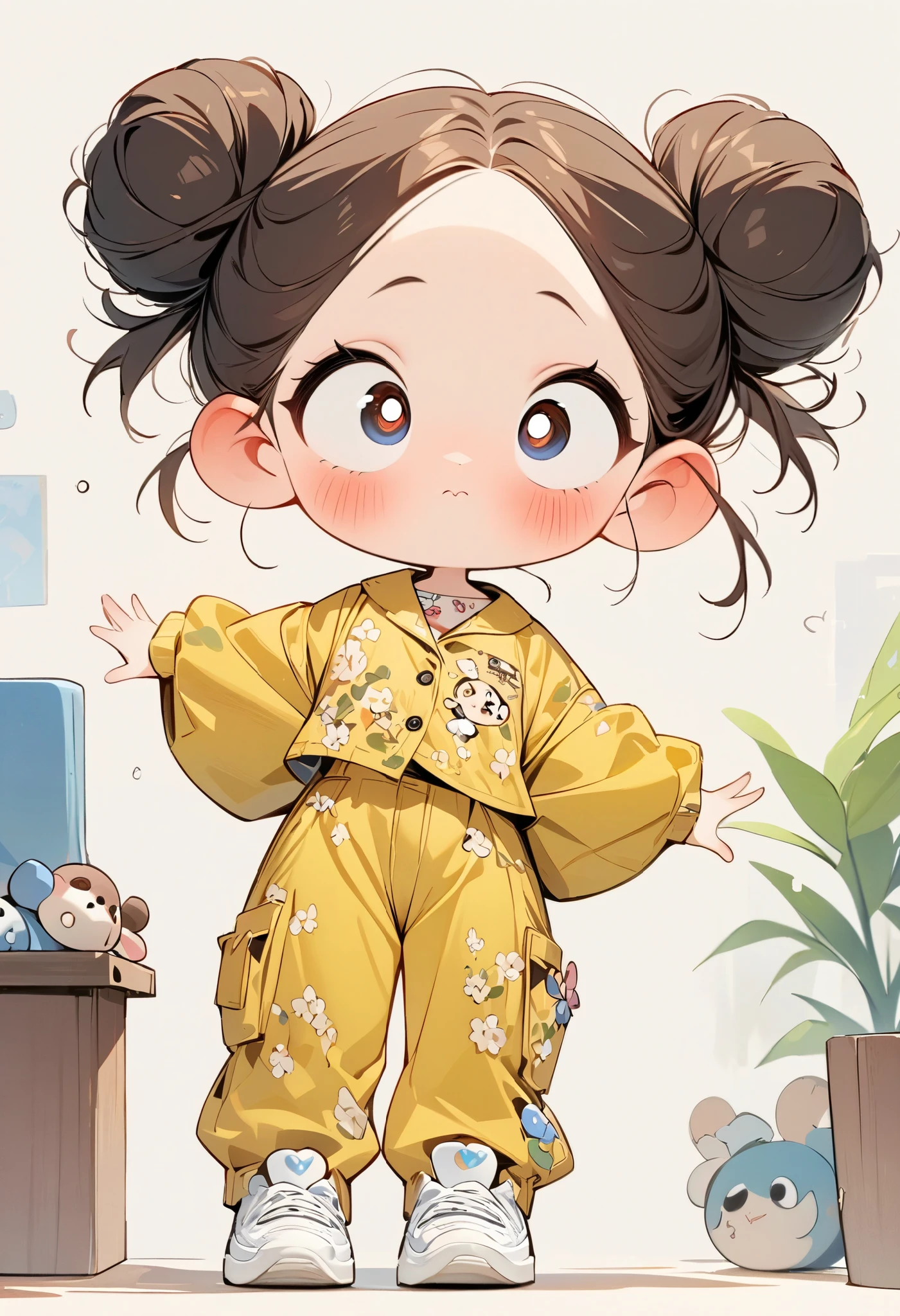 ( masterpiece, best quality:1.2), cartoon character design。 1 girl, unique , big eyes, has a lovely expression,Two buns,floral shirt,Jumpsuit, White Sneakers ,Standing,interesting,interesting, clear lines
