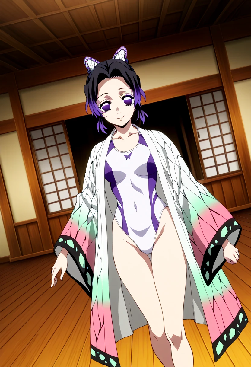 EFT_Shinobu, 1girl, kochou shinobu, butterfly hair ornament, solo, hair ornament, purple hair, multicolored hair, purple eyes, black hair, medium breast, (bikini), seductive smile, looking at viewer, blurry background, indoors, japanese house, full body, slim, ((masterpiece)), best quality, high detailed illustration, high detailed background, hi-res, bare legs, bare feet