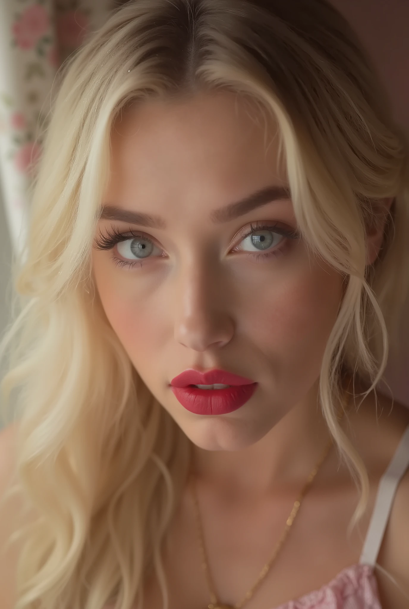 1 girl , sexy , blonde , beautiful лицо, gorgeous , beautiful, lovely , lovely личико, breast size 4, wide hips, narrow waist , Body parts, blonde hair, blue eyes , full and shiny lips , big lips, thick lips, half-open lips, light pink lip gloss , a mask, narrow hips, miniature body, skinny girl, flat chest, thin figure ends (height 140 cm), big head , innocent look, young face, long pink nails, necklace, high quality legs and heels , large hoop earrings, pink plaid skirt , off-shoulder white tank top , white tight stockings , clothed stockings , black patent leather high-heeled shoes, Sweaty, sitting in the bedroom under candlelight and soft warm light . Room colors - pink and white , perfect eyes , очень detailed eyes , beautiful and expressive , detailed eyes , 35mm photo , Movie, hips, professional , 4K, Highly detailed dynamic lighting , photorealistic, 8k, RAW, rico, complicated details, topless, breast size 4, wide hips, narrow waist