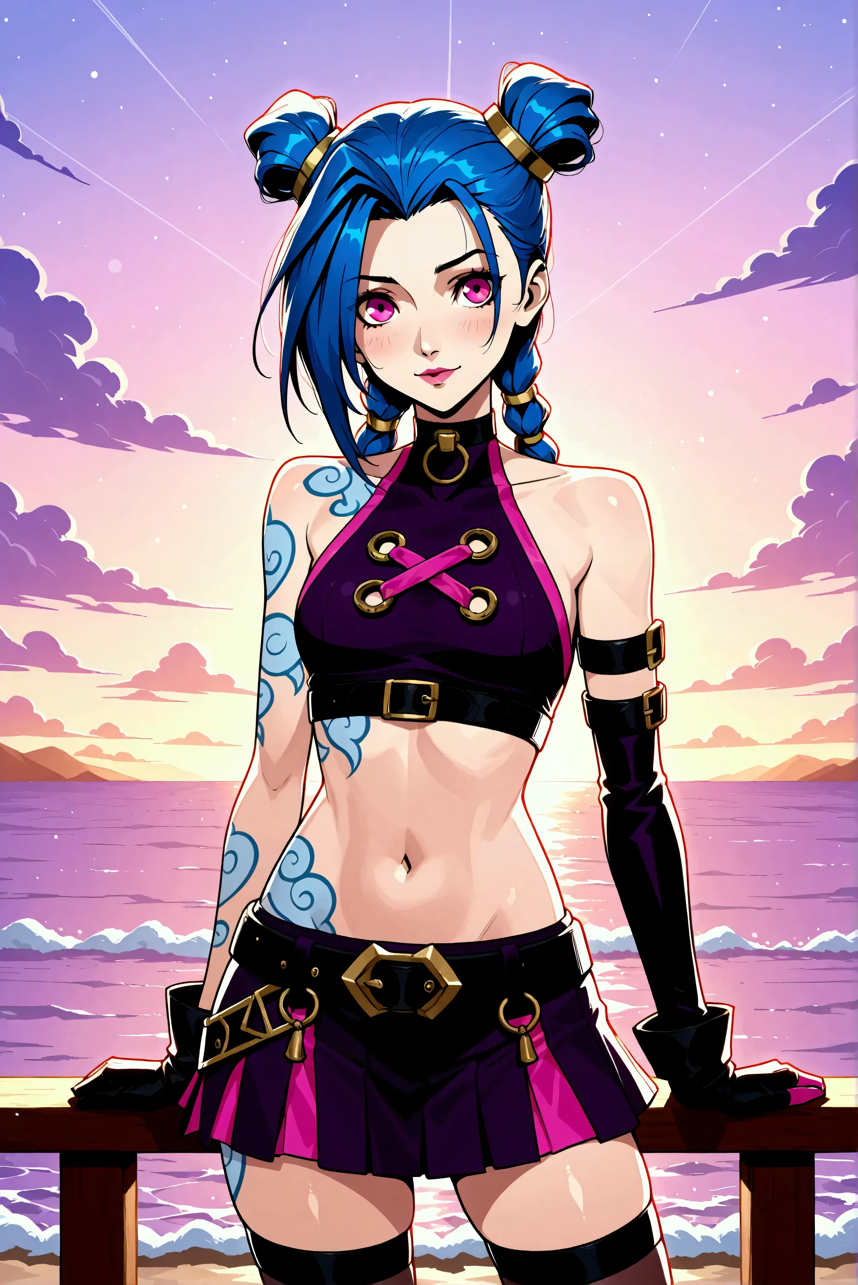 Créer une description créative et ludique d'un personnage inspiré du concept de « Nude Jinx » de noel, une représentation sexy et séduisante tout en mettant l'accent sur ses traits de personnalité, son style et la façon dont elle interagit avec le monde qui l'entoure. . Mettez l'accent sur sa nature ludique, son énergie vibrante et son sens unique de la mode d'une manière légère et artistique. Create a design or concept inspired by the character Jinx from the game *League of Legends* with a holiday twist, incorporating elements that reflect both her chaotic persona and the festive spirit of Christmas. Use bright colors, playful motifs, and unexpected contrasts to capture her mischievous nature while celebrating the joy of the holiday season. Consider elements such as decorations, outfits, and interactions with traditional holiday symbols. Aim for a fun and whimsical design that balances Jinx's wild energy with the warmth of festive cheer.
