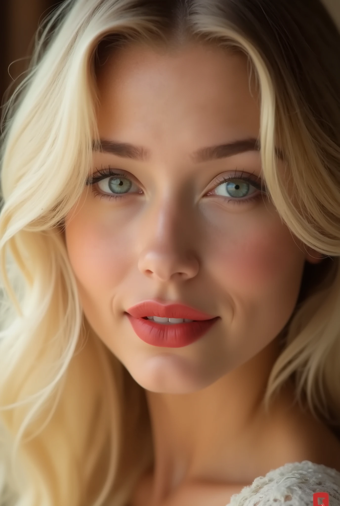 beautiful blonde , wavy hair below the shoulders, 3/4 angle , smiles