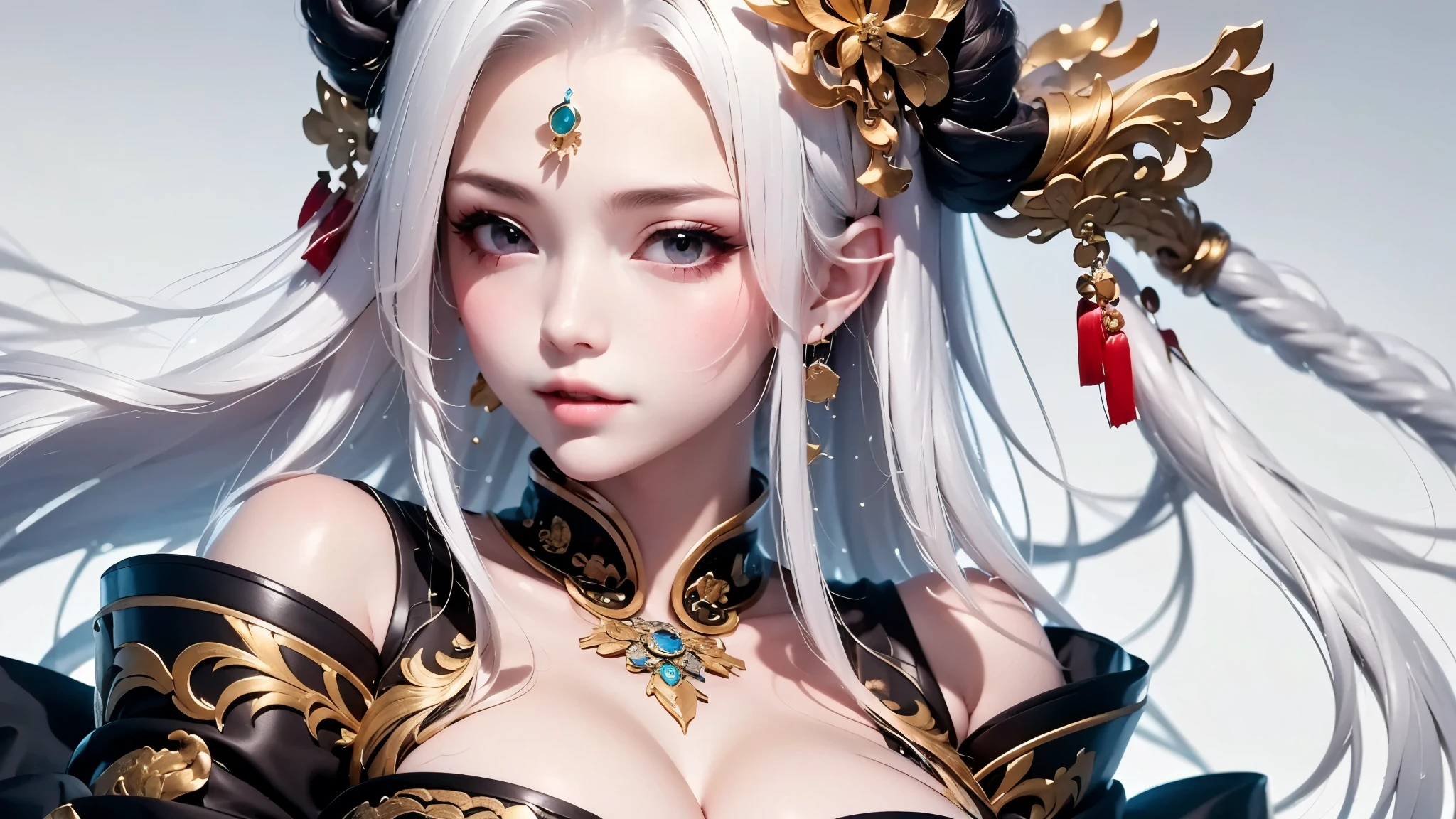super high quality, masterpiece, Perfect illustration, Very detailed:1.6, white barance, 2.8D illust, 1girl, 23 years old, cute girl, white hair, sharp and big beautiful eyes, small breasts, bright skin. fantasy royalty, onmyoji, majesty, asian dress. black and gold clothes. simple background, white background, white dust. hanbok、Chinese royal clothing