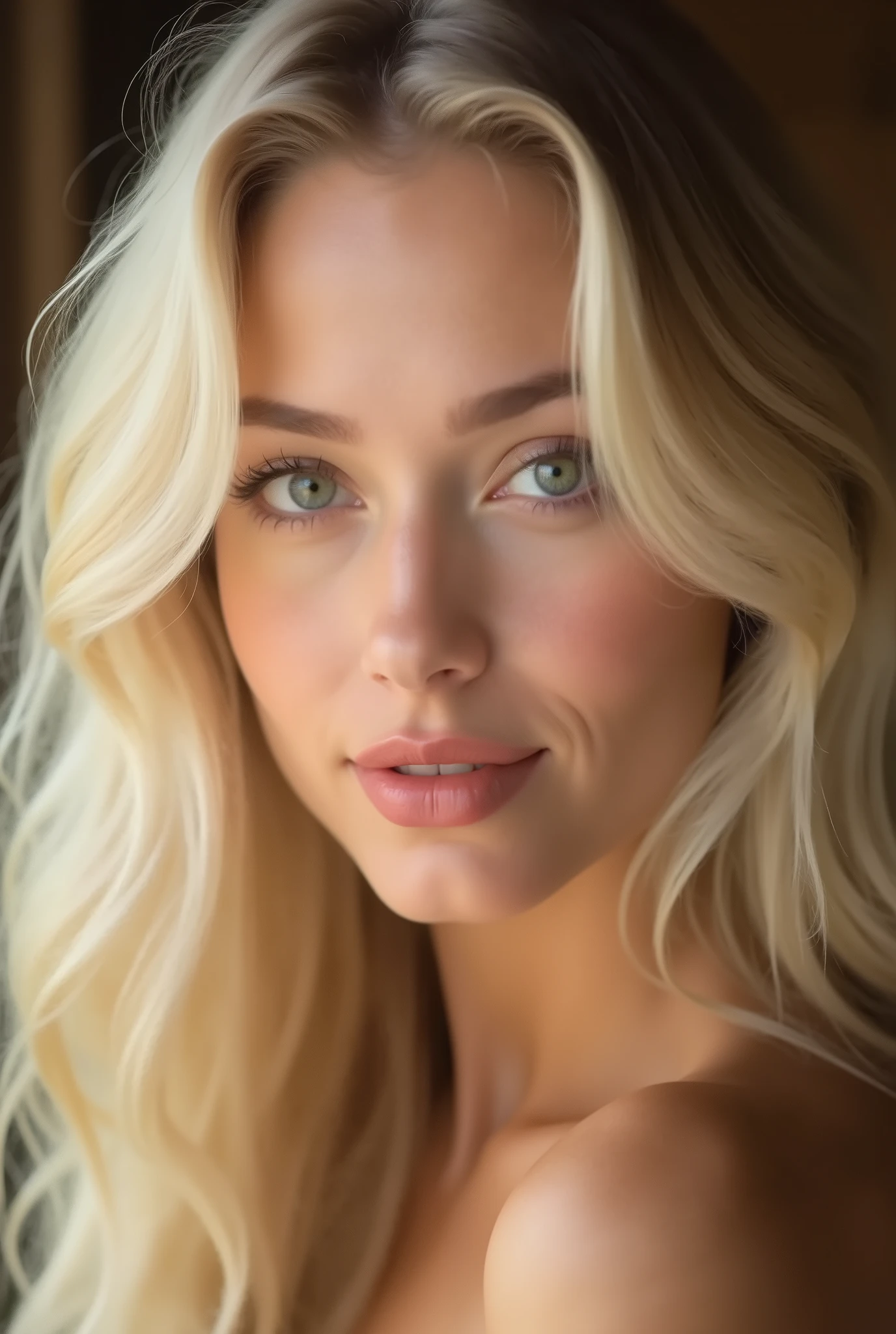beautiful blonde , wavy hair below the shoulders, 2/4 angle , face slightly in profile, smiles