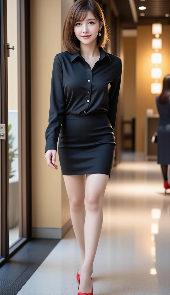 (masutepiece,High quality:1.3),(depth of fields:1.3) ,((front body:1.35)),  Japanese ,woman, no makeup,standard height, thicc, curvy,(Looking at Viewer:1.3),(full body:1.2),Inside the office by the window