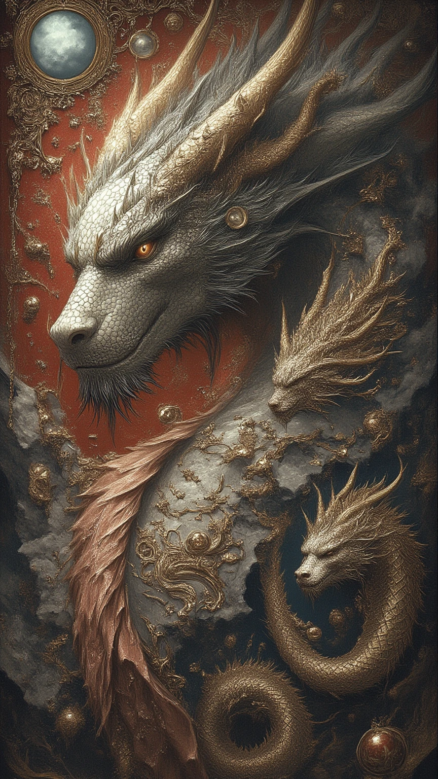The dragon sleeps in the forest, curled up in a kolachik,lying on its belly, The head lies on the snow
