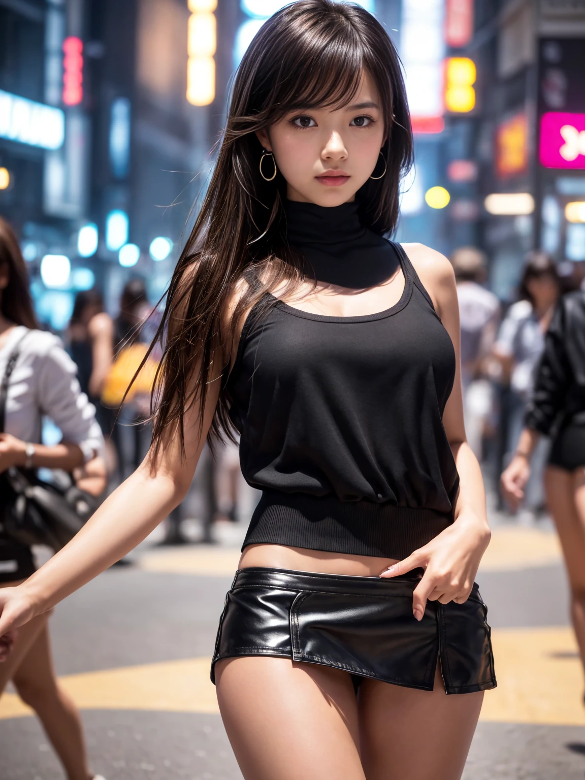 Woman, Asian, brunette Clara, blue-eyed , skin fair , long curly hair, Bblack hair, standing in the street, city full of building, asphalt, the night, blusa azul, lime inside, toned legs,  mulher olhos puchados estilo Asian, skin fair.