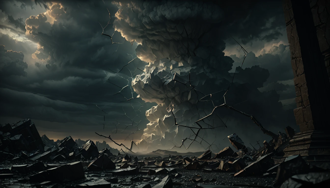(cracked:1.8) null、dramatic cracked cloudy sky,, dramatic lighting, epic fantasy landscape, surreal atmosphere, moody dramatic colors, vivid colors, cinematic lighting, , beautiful detail, (best quality,8k, highres,masterpiece:1.2), realistic ,photo- realistic :1.37,atmospheric,cinematic,dramatic、A broken null opened above the landscape:1.4