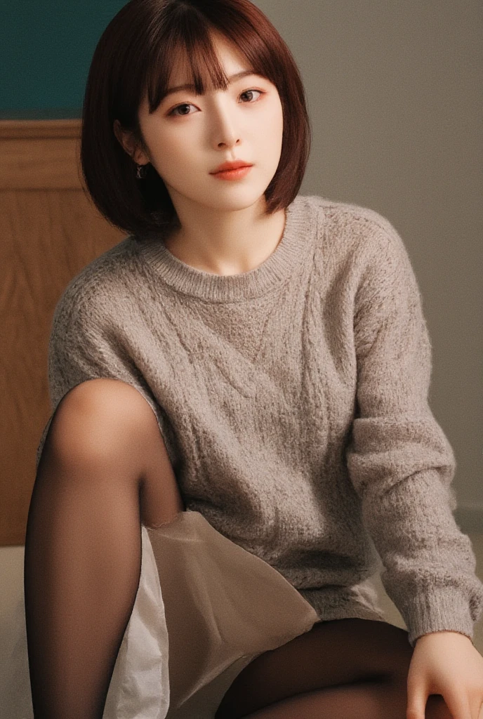 super high resolution, (realistic : 1.4), best quality,
,A little bit of her showing through her knit sweater, Beautiful legs,thigh is beautiful,My calves are slim,
Japanese ,18 years old, Beautiful Realistic Asians, Short brown Red Hair, Wearing crew neck and cable knit sweater dress,black pantyhose, small ,small ,smiles,evening, Slim Body Line , Standing , flat , that are being lifted up,Spread your legs a little,Close your knees, (from above:1.0), puffy ,indoor