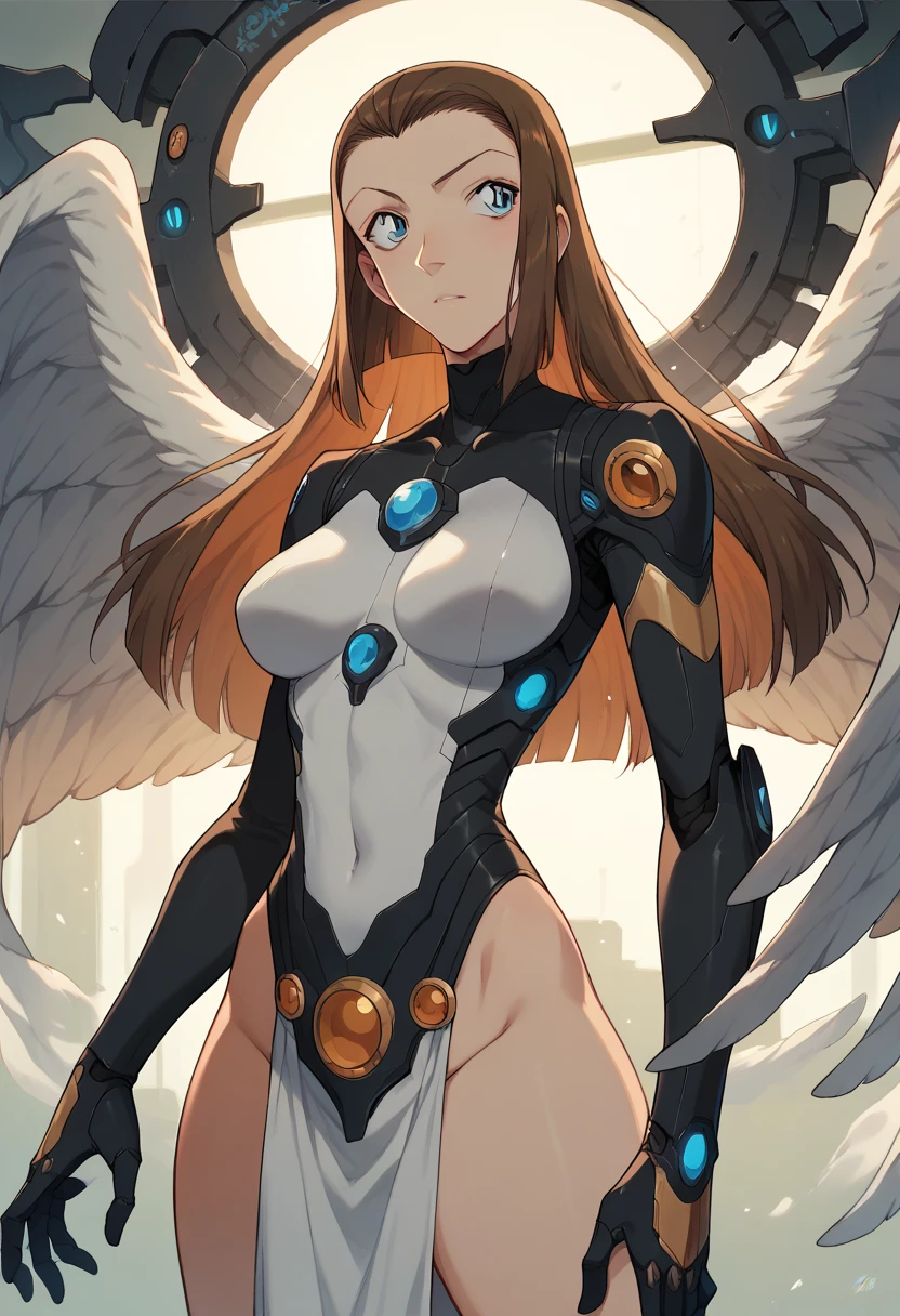 Sexy woman, large cleavage, revealing orange jacket, provocative pose, large mechanical wings, brown hair, otherworldly dimension, aurora, pillar of light
