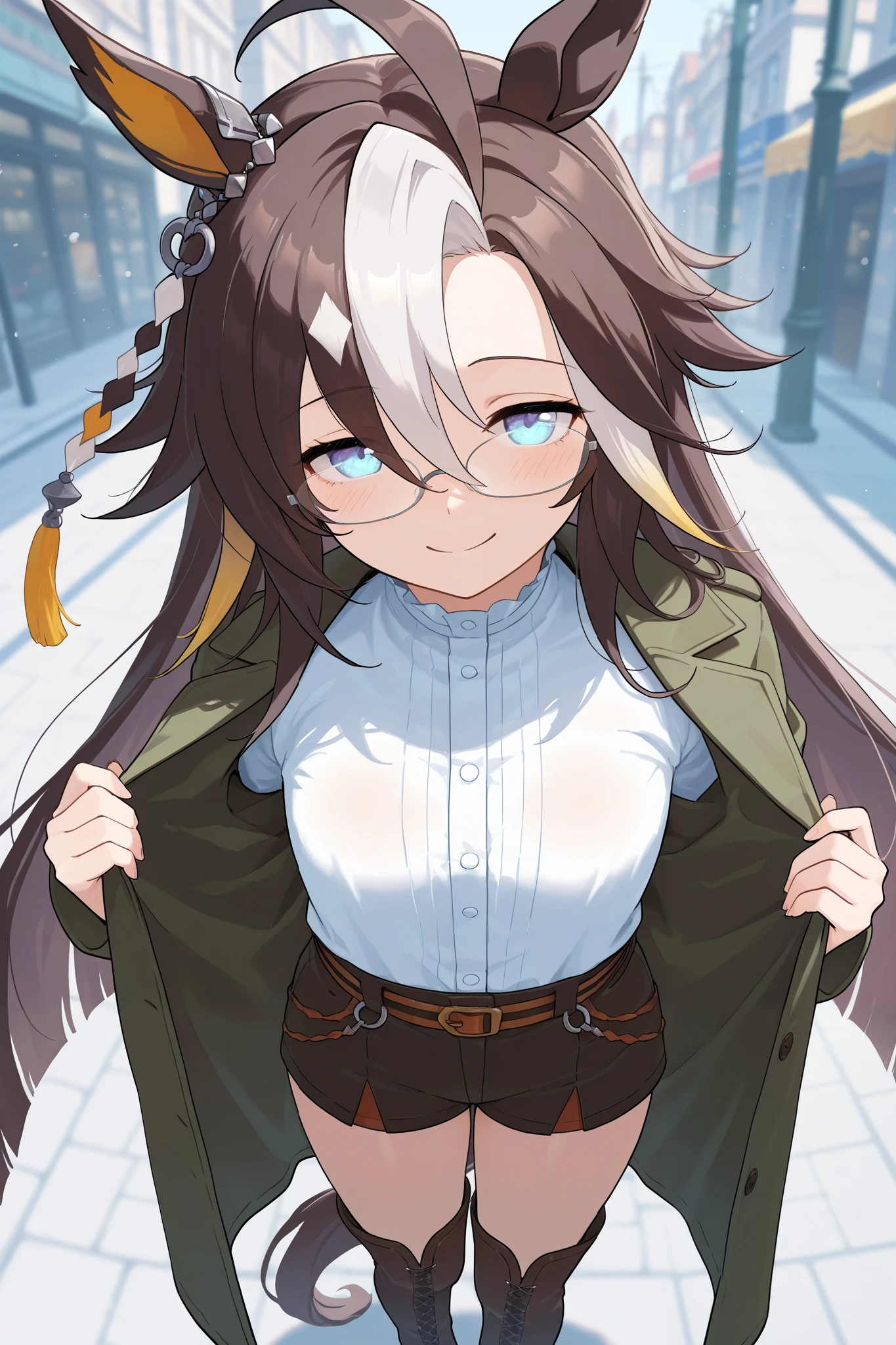 NSFW,masterpiece, best quality , high resolution, very detailed on trends,dreamjourney\( Uma Musume\),blue eyes,Glasses, Long Coat ,dress shirt, shorts, Long Boots ,bustling street,smile