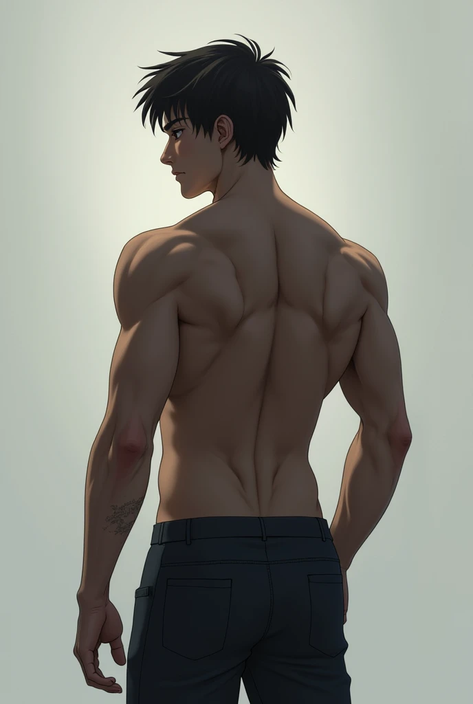 dal, (realistic:1.3), (intricate detail:1.2), solo, looking at viewer, short hair, black hair, 1boy, male focus, looking back, orange pants, from behind, muscular, back, muscular male, topless male, back focus,