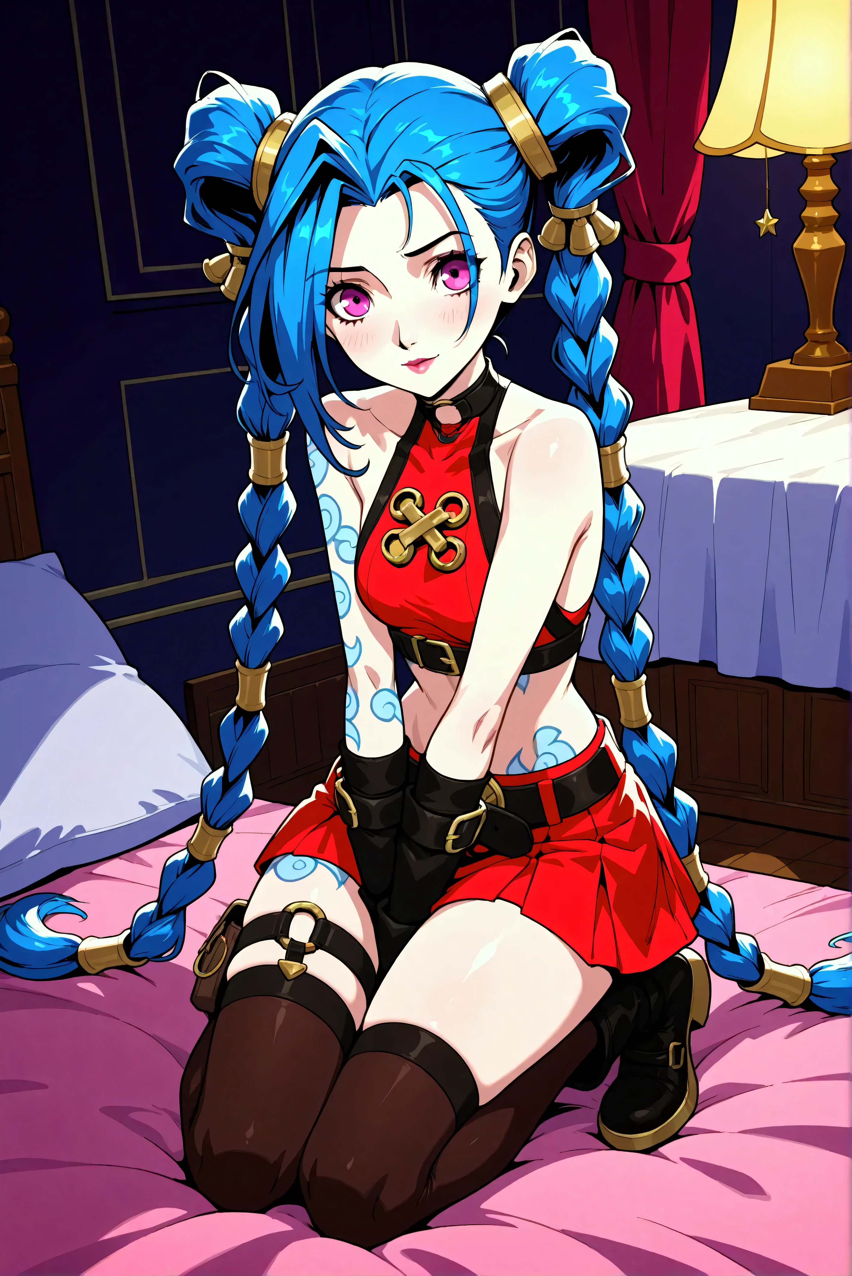 Créer une description créative et ludique d'un personnage inspiré du concept de « Nude Jinx » de noel, une représentation sexy et séduisante tout en mettant l'accent sur ses traits de personnalité, son style et la façon dont elle interagit avec le monde qui l'entoure. . Mettez l'accent sur sa nature ludique, son énergie vibrante et son sens unique de la mode d'une manière légère et artistique. Create a design or concept inspired by the character Jinx from the game *League of Legends* with a holiday twist, incorporating elements that reflect both her chaotic persona and the festive spirit of Christmas. Use bright colors, playful motifs, and unexpected contrasts to capture her mischievous nature while celebrating the joy of the holiday season. Consider elements such as decorations, outfits, and interactions with traditional holiday symbols. Aim for a fun and whimsical design that balances Jinx's wild energy with the warmth of festive cheer.