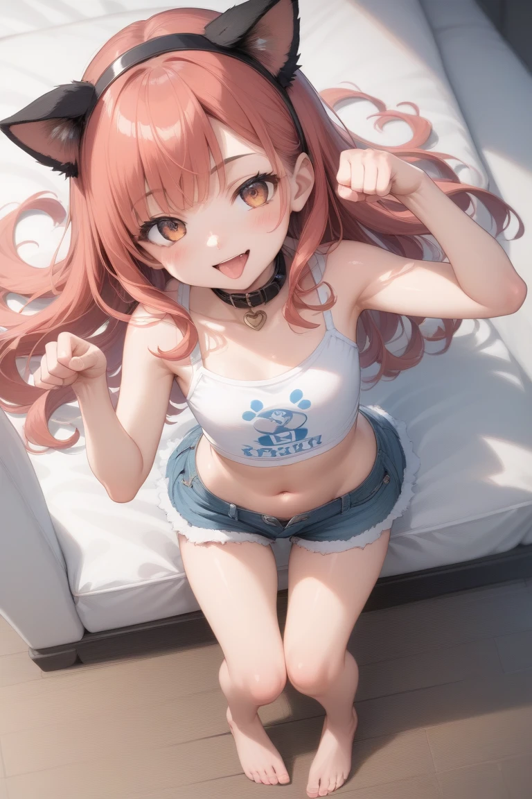 (masterpiece, best quality, perfect anatomy, highres:1.3),
(symmetric eyes and body:1.2),
indoors, bedroom, bed, (heart, light particles, heart particles:1.5),
(a young girl sit cross-legged on bed:1.3),
1girl, solo, <lora:furen_e_lustario_v10:0.7> fel1, short hair, (huge breasts, cleavage:1.2),
(cat ears:1.3),
(beige sports bra:1.4),
(denim shorts:1.3), choker, smile, smirk,
foot, toes, collarbone, midriff, navel, armpits,
(spread legs wide open, sit cross-legged:1.2), <lora:loraPeaceSign_v03:0.7> peace sign