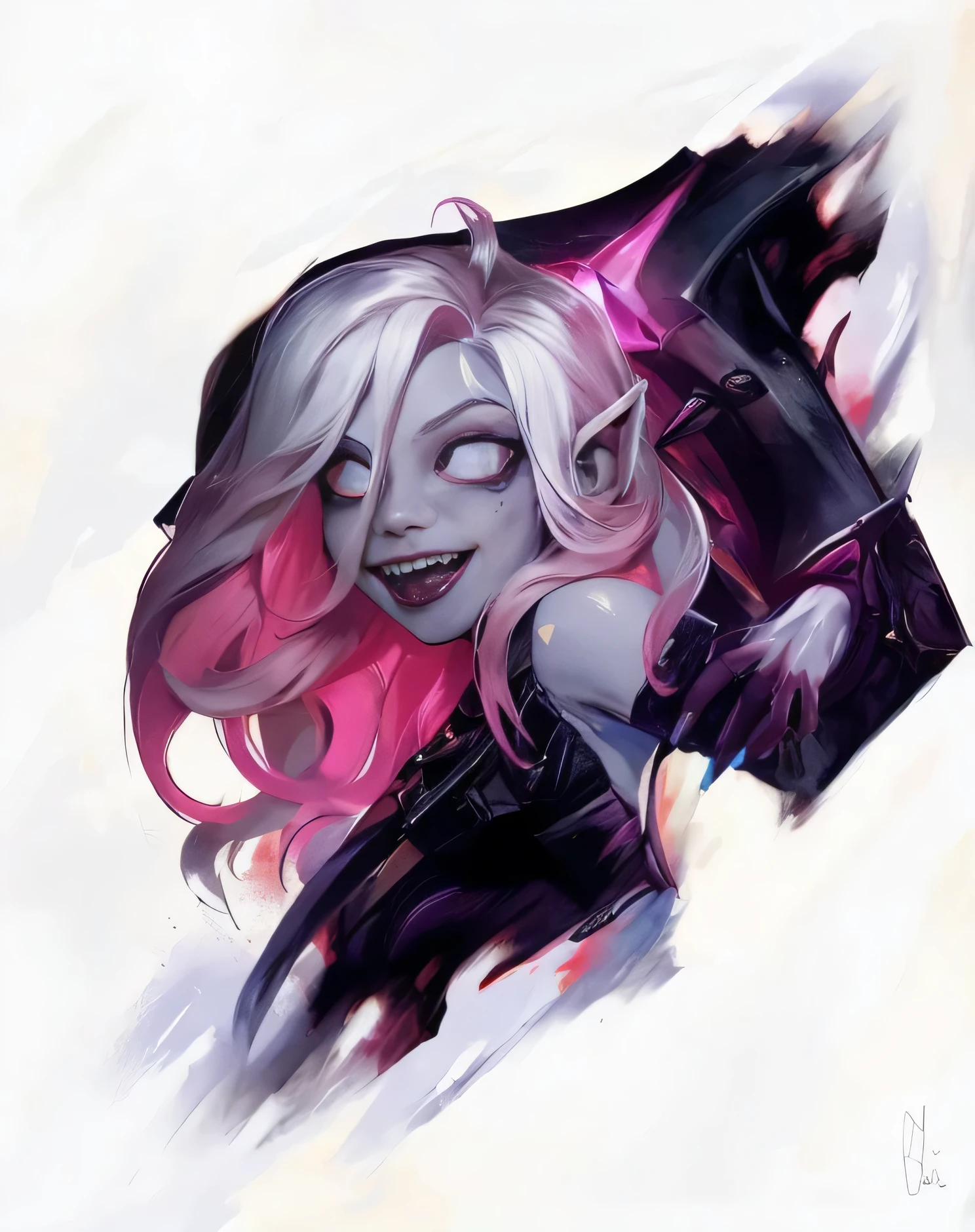 A close-up of a cartoon character with pink hair and a bat, RossDrew Vibrante Caricatura, RossDraw 1. 0, RossDrawS 2. 0, WLOP RossDraws, RossDrawS 2. 5, RossDraws Sakimimichan, RossDrew y Jazz, Retrato de Jinx de Arcane, Jazz y RossDrew, :: RossDrew, Jinx arcano