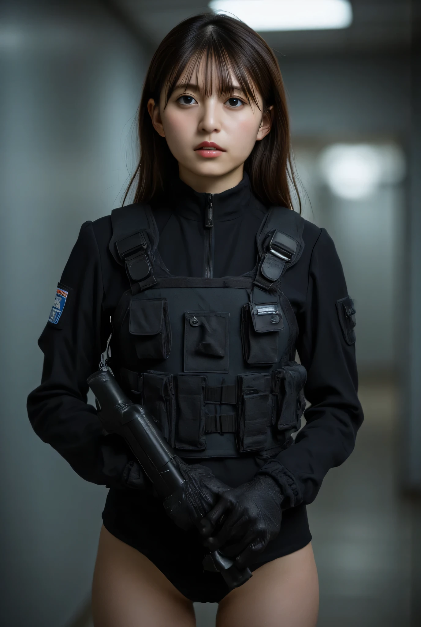 ((The dark background inside the base in the near future:2.0),(( cyberpunk vibe :1.5)),( blurry background:1.5),((whole body:2.0)),(((futuristic SWAT troop style black military vest:2.0))),((Perfect Naked:1.5)),(( Wearing a Military Vest on Naked :1.9)),((ear monitor:1.5)),(((Tactical Holster:1.5))),( gloves:1.5),( one woman), cute face,Beautiful well-balanced face ,( 20 year old Japanese woman), ( Glamorous Shots of Japanese Women ),( Slender Beautiful Body :1.5),( model body type),Slim body,(( big breasts:1.5)),( Accurate Depiction of Natural Nipples ),(firm nipples ),(((Bare thighs:1.8))),((Voluptuous thighs:1.5)),( delicate body:2.0),((Very sensual:1.5)),((Hold up a futuristic laser rifle:2.0)),(( perfect body line)),(( Ideal Proportions )),(((I can't wear panties:2.0))),(((( lower body nude:1.5)))), realistic skin texture,( natural big breasted :1.5),( black hair:1.5),( beautiful eyes:1.3),(( Shrimp:1.5)),A harmonious posture,(((masterpiece:2.0))),( best quality :1.5),( high resolution:1.5),(UHD:1.5),( movie lights:1.5),( Delicate Depiction),((( Carefully Depict Limbs Based on Perfect Anatomy:2.0)),( carefully drawn with butterfly wings ))),32K, Polo, ULTRA DETAILS,((超 high resolution)), Draw eyelashes carefully, ( very detailed face:1.5),((Highly detailed female hand:1.8)),(Sexy appearance:1.5), concept art