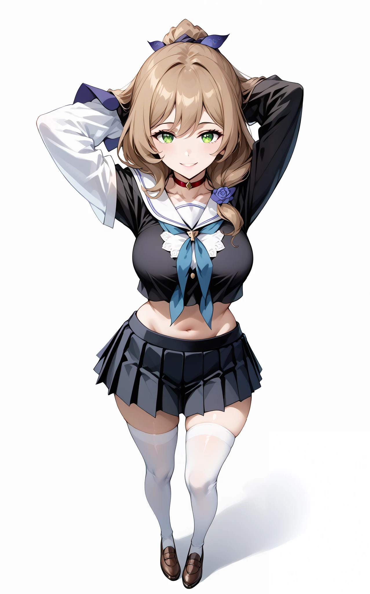 score_9, score_8_up, score_7_up, source_anime, 4K,perfect fingers,(perfect hands, perfect anatomy),prefect lighting, very aesthetic, intricate details,highly detailed background, masterpiece, high quality, best quality,
1girl,lisaminci, lisa minci, brown hair, green eyes, long hair, low tied hair, large breasts,,
wearing ((red choker,black shirt,sailor collar,detached sleeves, black skirt,pleated skirt,white thighhighs,midriff)),,
looking at the spectator,  filed, ((arms behind head:1.5)), high thigh individual , (large breasts:0.9),Stand up,((fullbody:1.5)),((White plain background:1.5)) ,((Seductive smile)),((top view:1.5)),leaning forward:1.3,looking at viewer,