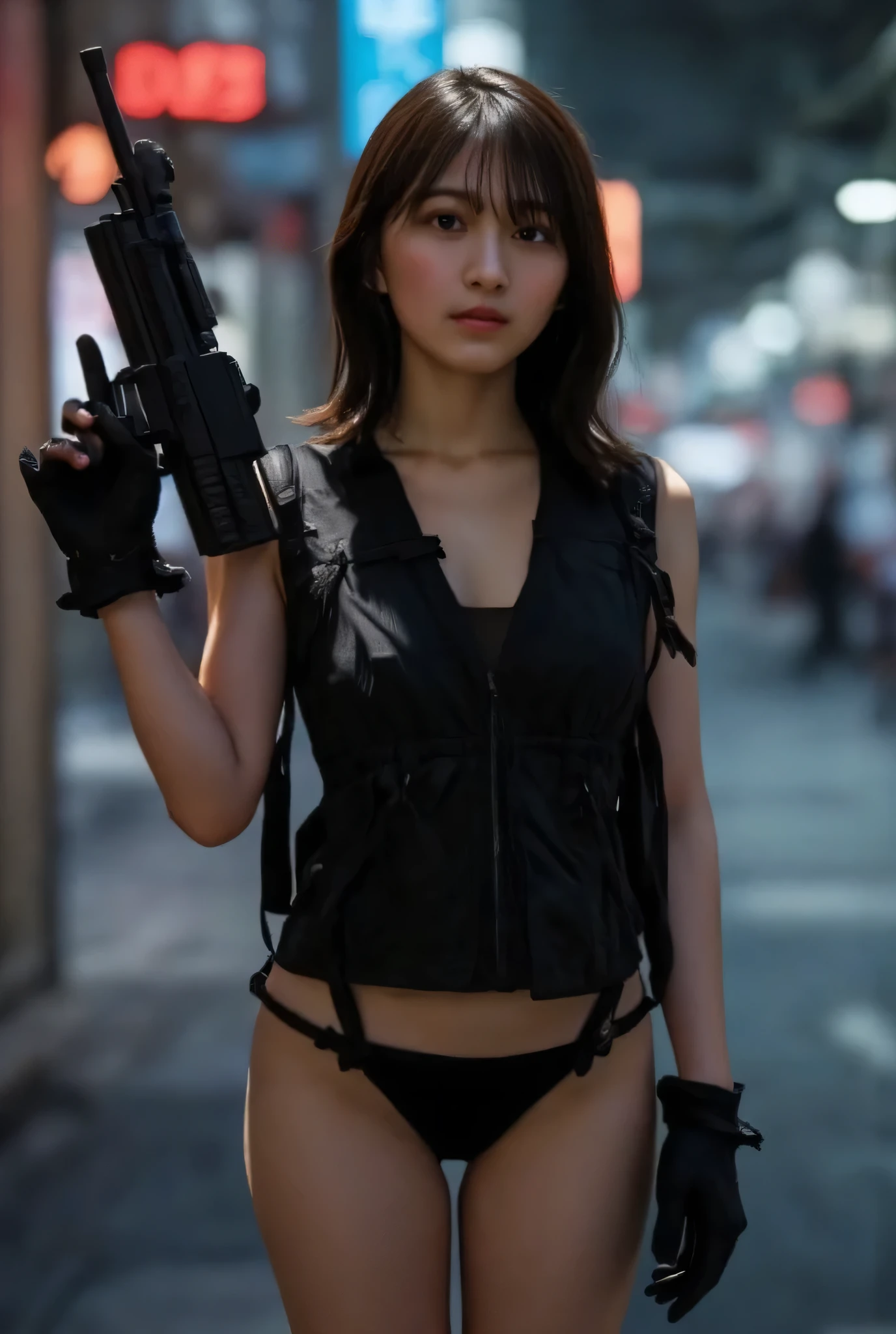 ((The dark background inside the base in the near future:2.0),(( cyberpunk vibe :1.5)),( blurry background:1.5),((whole body:2.0)),(((futuristic SWAT troop style black military vest:2.0))),((Perfect Naked:1.5)),(( Wearing a Military Vest on Naked :1.9)),((ear monitor:1.5)),(((Tactical Holster:1.5))),( gloves:1.5),( one woman), cute face,Beautiful well-balanced face ,( 20 year old Japanese woman), ( Glamorous Shots of Japanese Women ),( Slender Beautiful Body :1.5),( model body type),Slim body,(( big breasts:1.5)),( Accurate Depiction of Natural Nipples ),(firm nipples ),(((Bare thighs:1.8))),((Voluptuous thighs:1.5)),( delicate body:2.0),((Very sensual:1.5)),((Hold up a futuristic laser rifle:2.0)),(( perfect body line)),(( Ideal Proportions )),(((I can't wear panties:2.0))),(((( lower body nude:1.5)))), realistic skin texture,( natural big breasted :1.5),( black hair:1.5),( beautiful eyes:1.3),(( Shrimp:1.5)),A harmonious posture,(((masterpiece:2.0))),( best quality :1.5),( high resolution:1.5),(UHD:1.5),( movie lights:1.5),( Delicate Depiction),((( Carefully Depict Limbs Based on Perfect Anatomy:2.0)),( carefully drawn with butterfly wings ))),32K, Polo, ULTRA DETAILS,((超 high resolution)), Draw eyelashes carefully, ( very detailed face:1.5),((Highly detailed female hand:1.8)),(Sexy appearance:1.5), concept art