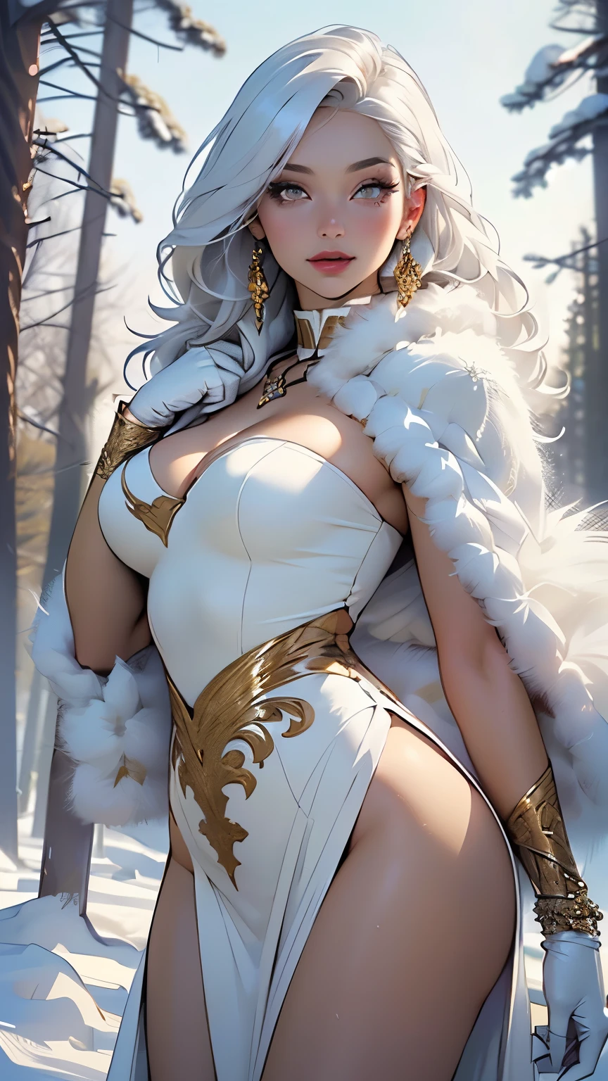 gwen tennyson,1girl,tracer,y'shtola rhul,yorha 2b,rebecca chambers,nier automata,atelier ryza,close up,christmas village,tattoos,white plugsuit,white short sleeve snowflake leotard,silver embroidery long white snowflake gown dress,black embroidery christmas corset,short hair,princess makeup,blue glowing eyes,multicolored silver hair,sexy smile,freckles,beautiful girl,large breasts,white stockings,8k,ultra detailed,realistic,fantasy art,crystal armor,fur armor,winter princess dress,long dress train,silver snowflake crown,ear piercings,mistletoe,christmas hand and neck jewelry,walking,panties,(weather:snowflakes falling),