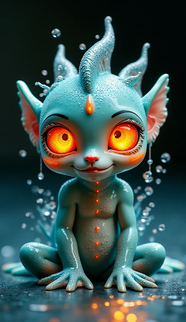 art by Victoria Frances, table figurine of water spirit, an ultra hd detailed painting, digital art, Jean-Baptiste Monge + Andy Kehoe + Lev Bartenev style, splash, Glittering, orange rainbow sensual eyes, cute and adorable, filigree, rim lighting