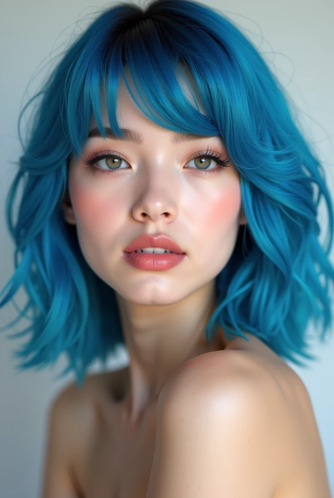 A beautiful woman with sky blue hair, realista, detalhado, olhos azuis, olhando para o espectador, delicada, rosto fino, delicado, cabelos ao ventos, linda, pele branca, detalhe no cabelo, corpo inteiro, realista, highes definition