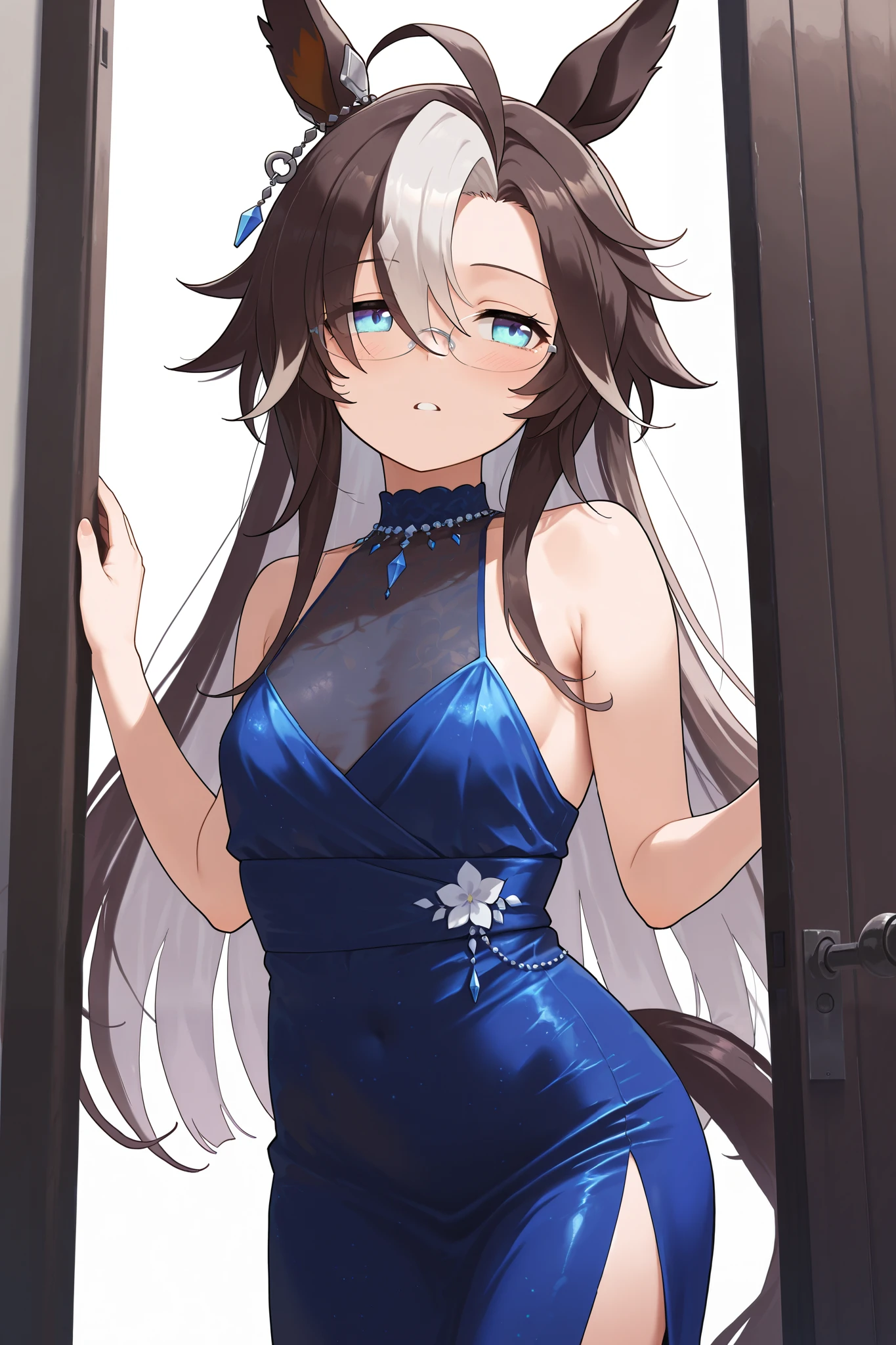 NSFW,masterpiece, best quality , high resolution, very detailed on trends,dreamjourney\( Uma Musume\),blue eyes,Glasses,evening dress