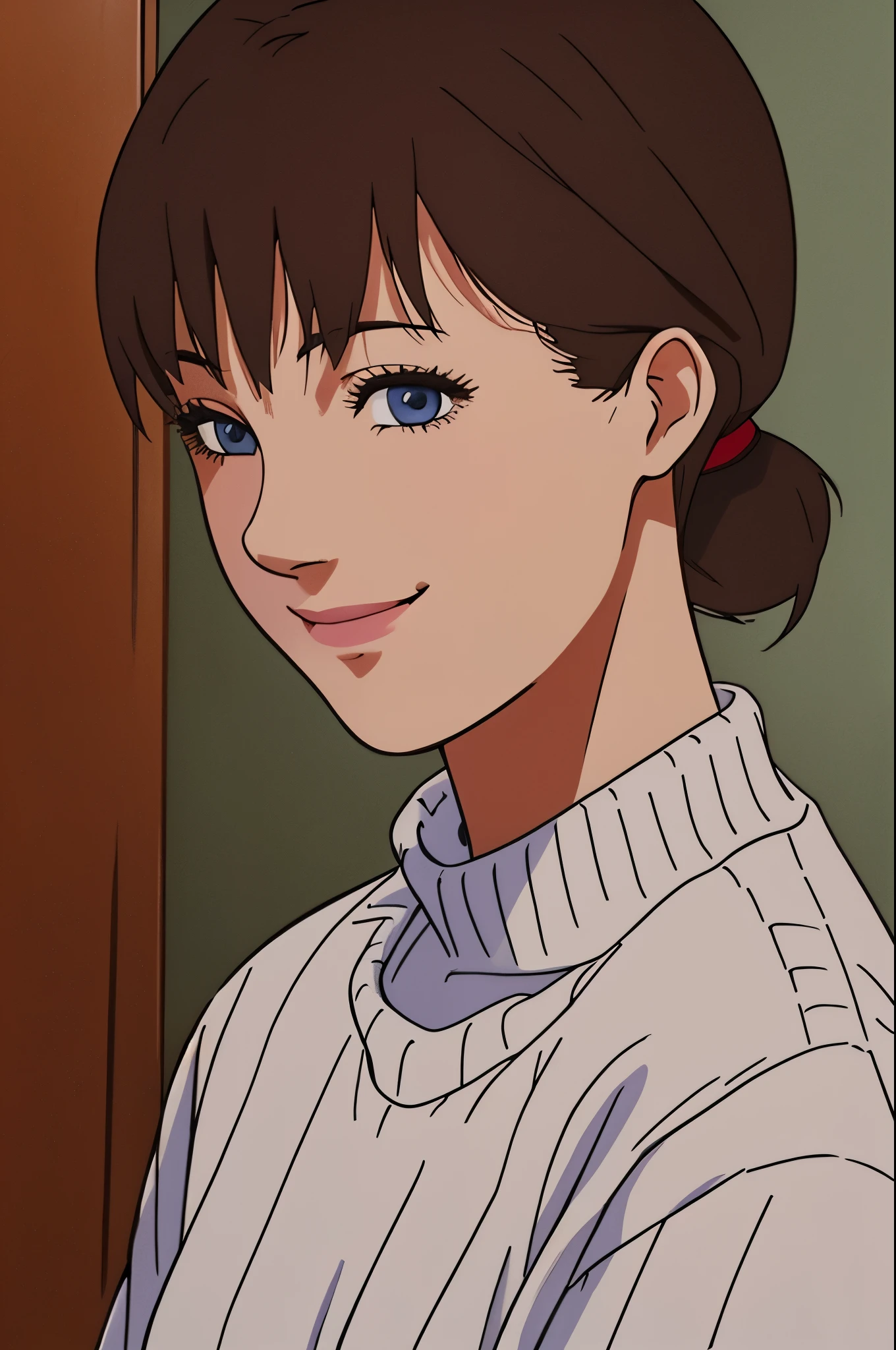 satosh kon art style, masterpiece, portrait, solo, 1girl, dark hair, bangs covering left eye, pony tail hairstyle, blue eyes, smiling, happy, turtleneck sweater, half body, parting hair