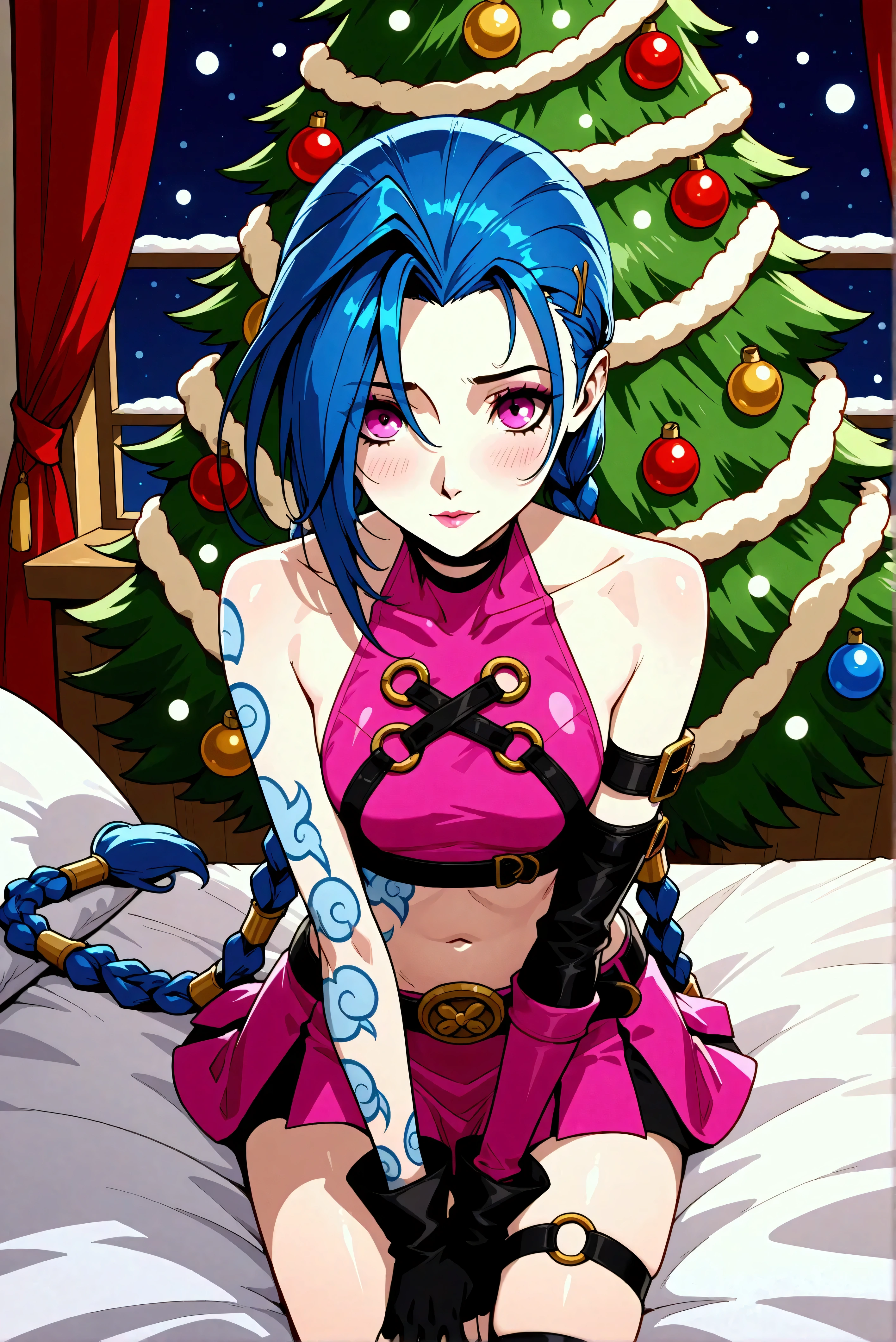 Créer une description créative et ludique d'un personnage inspiré du concept de « Nude Jinx » de noel, une représentation sexy et séduisante tout en mettant l'accent sur ses traits de personnalité, son style et la façon dont elle interagit avec le monde qui l'entoure. . Mettez l'accent sur sa nature ludique, son énergie vibrante et son sens unique de la mode d'une manière légère et artistique. Create a design or concept inspired by the character Jinx from the game *League of Legends* with a holiday twist, incorporating elements that reflect both her chaotic persona and the festive spirit of Christmas. Use bright colors, playful motifs, and unexpected contrasts to capture her mischievous nature while celebrating the joy of the holiday season. Consider elements such as decorations, outfits, and interactions with traditional holiday symbols. Aim for a fun and whimsical design that balances Jinx's wild energy with the warmth of festive cheer.