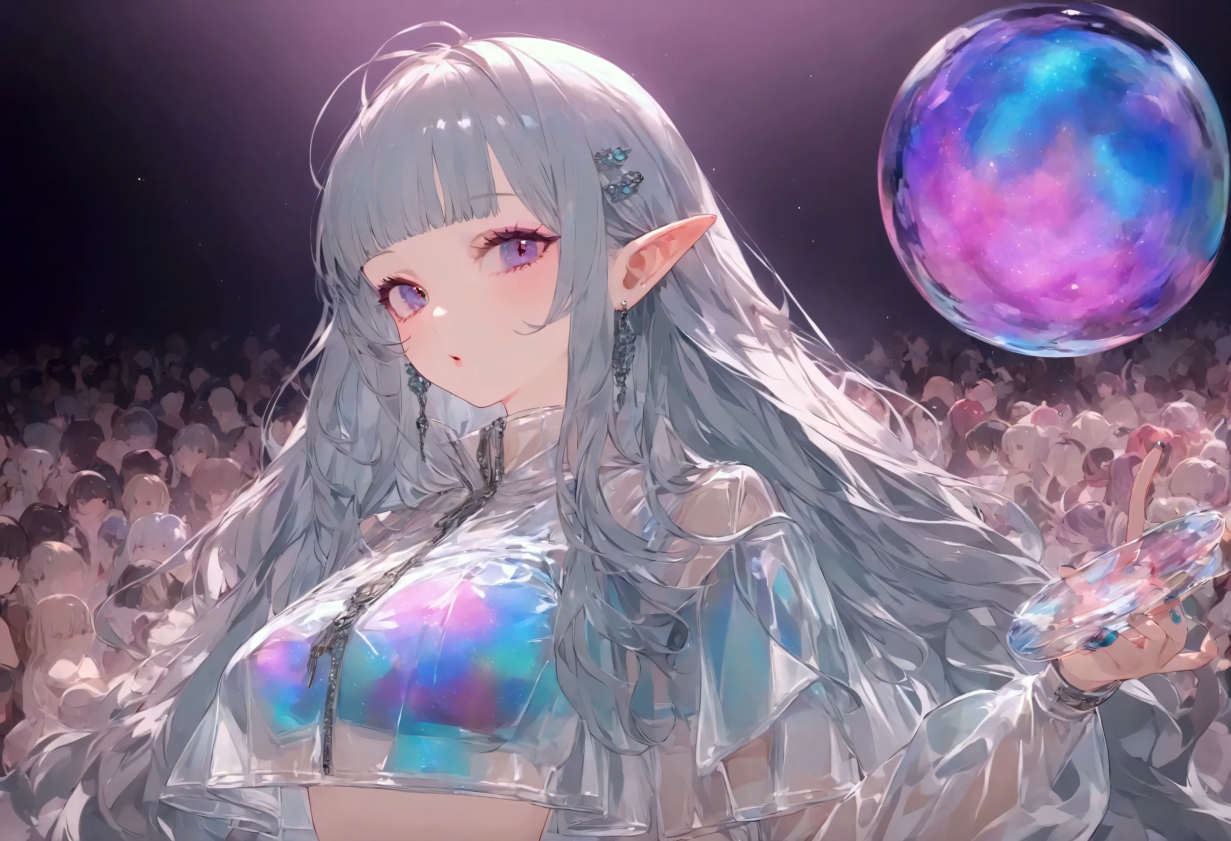 transparent PVC clothing , clear vinyl clothes with blood stains , prism, holographic , Color Difference, fashion illustration , Masterpiece, Harajuku Fashion Girl , View Audience , 8k, very detailed , pixib , Masterpiece, Typhoko , score_9, score_8_Excellent, score_7_Excellent, very detailed