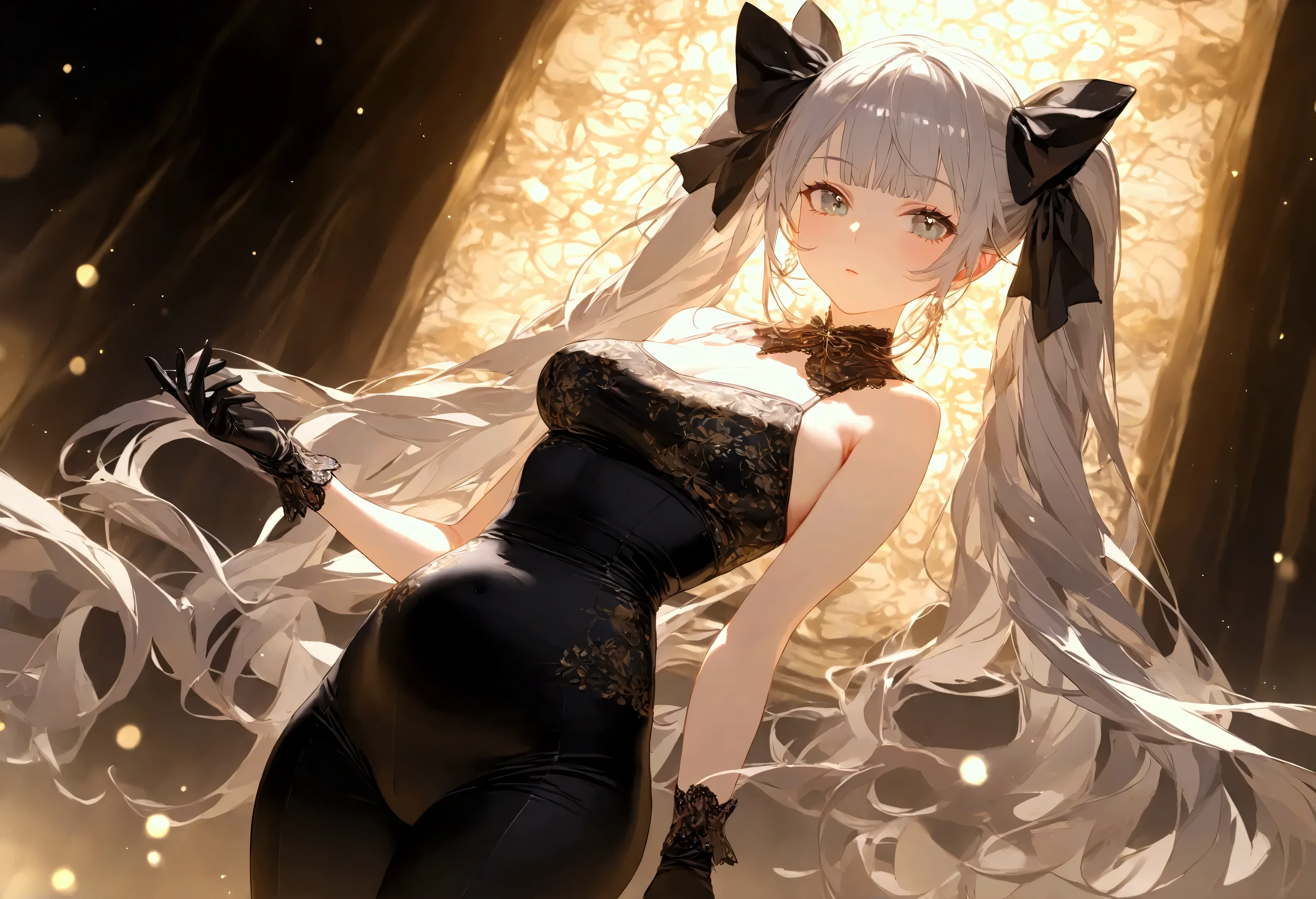 ((( 1 girl)), ray tracing , ( dim lighting), detailed background (bedroom)), (( Silver Hair)), (Fluffy Silver Hair, A plump, slender girl )) feature high ponytails )))), (( The girl wears black high-waisted pants with intricate embroidery and pantyhose) white frilled bow gloves ), showing her delicate slim figure and graceful curves , standing, outdoor