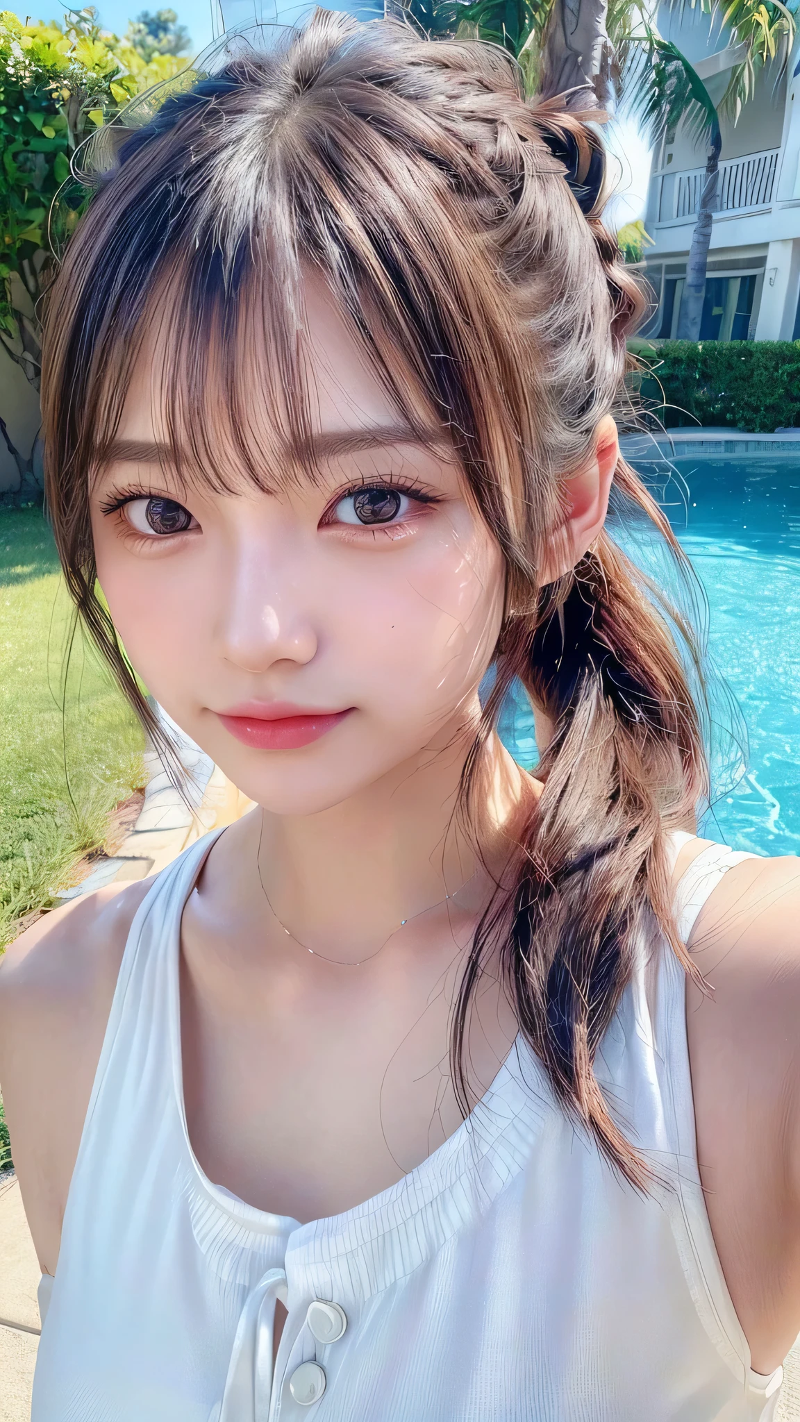 body shot,Outdoor,Black micro bikini,Hawaii resort Beach,Ultra-detailed, finely detail, hight resolution, 8K Wallpaper, Perfect dynamic composition, Beautiful detailed eyes,,Close-up of face,,Blushing,Facing forward,Long hair ponytail,((8k, Raw photo, Best Quality, Mastepiece:1.2), (Realism, Photorealistic:1.4), (Highly detailed 8K wallpapers), Depth of written boundary, Cinematic Lighting, Soft Light, Detailed Beauty Eye,Shiny and smooth light brown ponytail, Asymmetrical bangs, Shiny skin, Ultra-detailed skins ,It is high resolution., High detail, Detailed hairstyle, Detailed facial beauty, Hyper-realistic, Perfect limbs, Perfect Anatomy ,Of Japanese,Famous Japanese Idols, Perfect female body,A shy smile,Short eyelashes,Double-edged eyelids,Look straight here,Hair style: ponytail,