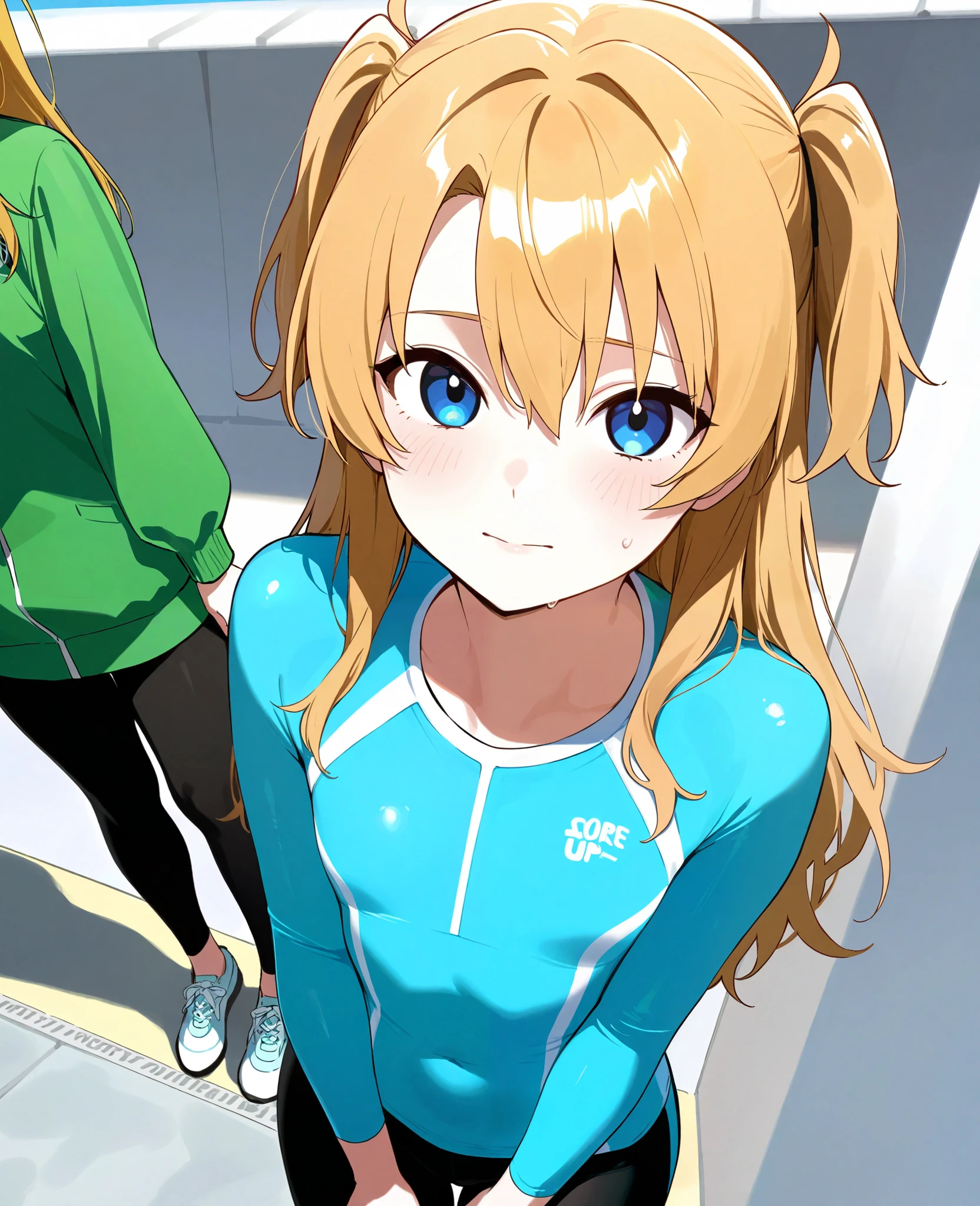 Japanese Women,( female 1: 1.4), Long Golden Hair,Two side hair, light blue rash guard , green windbreaker, Black Leggings, (blue eyes), flat chest,Dairy-free, standing picture
