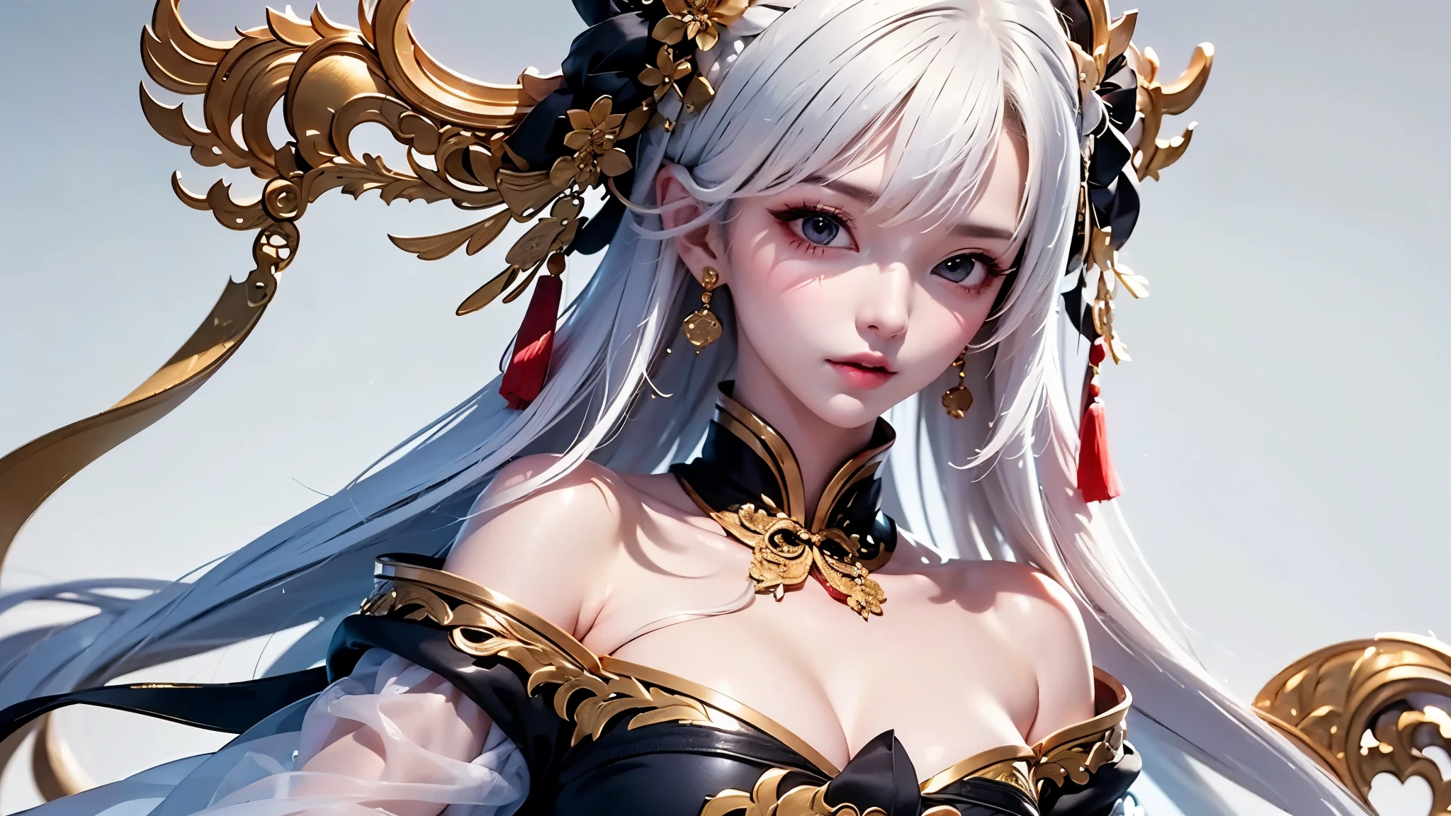 super high quality, masterpiece, Perfect illustration, Very detailed:1.6, white barance, 2.8D illust, 1girl, 23 years old, cute girl, white hair, sharp and big beautiful eyes, small breasts, bright skin. fantasy royalty, onmyoji, majesty, asian dress. black and gold clothes. simple background, white background, white dust. hanbok、Chinese royal clothing