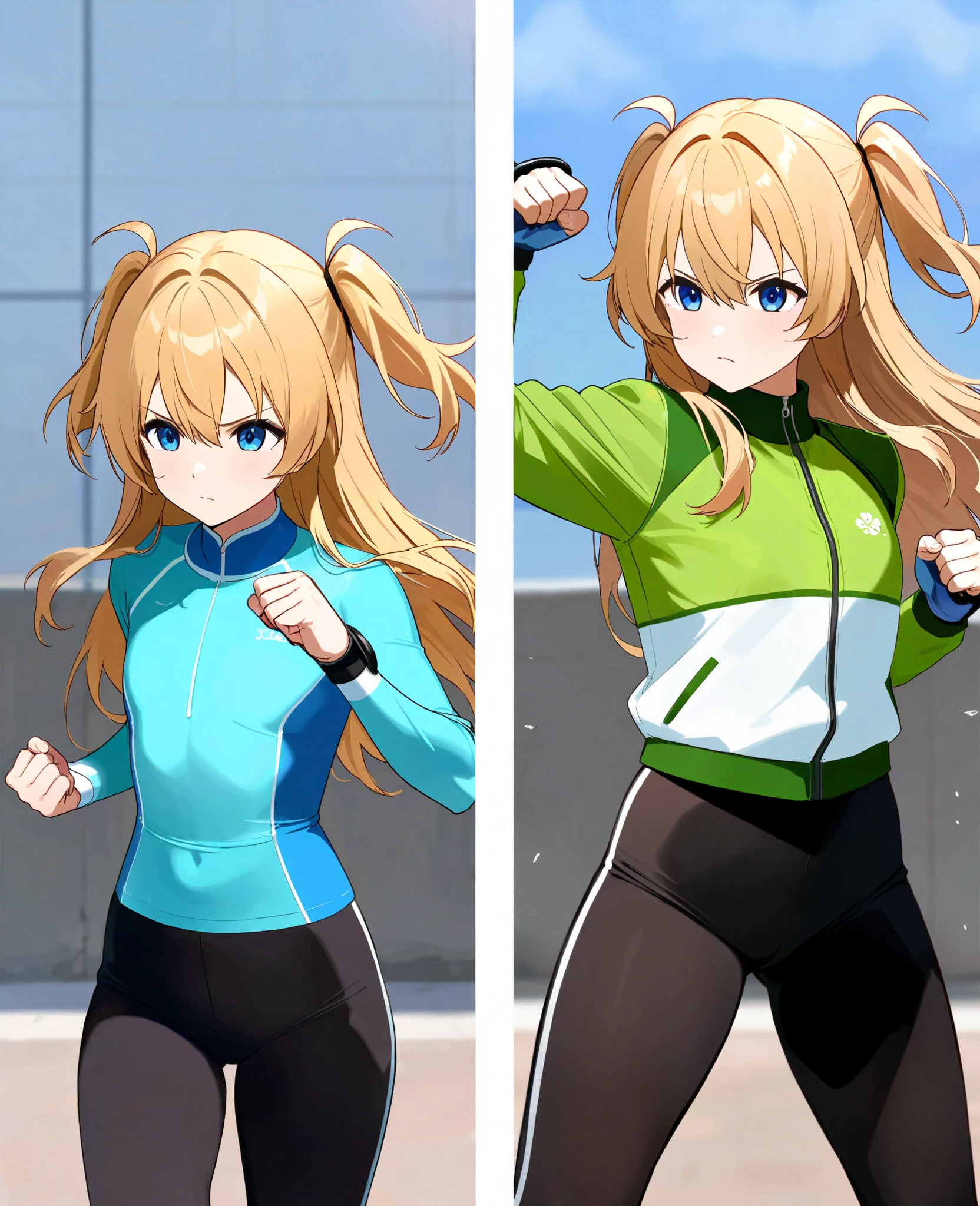 Japanese Women,( female 1: 1.4), Long Golden Hair,Two side hair, light blue rash guard , green windbreaker, Black Leggings, (blue eyes), flat chest,Dairy-free, standing picture , cowboy shot,Handguard, fighting pose, punching , dynamic composition