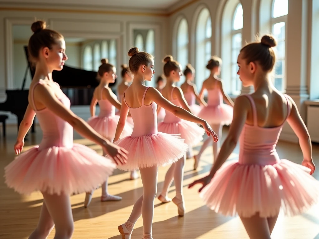 In a Wes Anderson ballet studio, three 10-year-old girls in colorful tutus practice, dance class