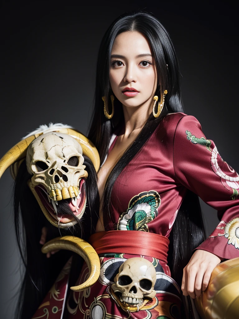 (((masterpiece+best quality+high resolution+ultra-detailed))), boa hancock, long silky black hair, high nose, sharp eyes, noble and inviolable temperament, (([female]: 1.2 + [beauty]: 1.2 + black long hair: 1.2)), skull_snake background, bright eyes, dynamic angle and posture, wallpaper.