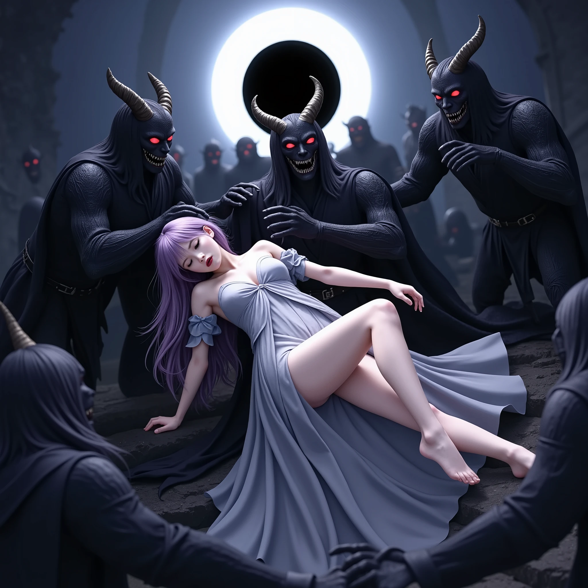 Typhoko、nsfw、bondage、 Japanese woman in slightly realistic anime style 、torture、 erotic 、Penalty 、 slave、limit、bondage、Sacrifice、 long light purple hair held captive by demons wearing luxurious black armor1 :5( messy hair、 Lying on the Devil's Arms 1 :5)、 Even See-through Skin 、(Beautiful nudes、 pretty nipples)、 Fainting and Closing Her Eyes ( Hanging Her Head Back 、 lymph )、 Captured by a Beastlike Devil (Red sharp eyes 、 big two horns、 laugh out loud、big、 Shrimp、 Embrace a Woman Lying with Both Arms 、 Princess Carrie )、 Black Terrible Monsters Surrounding You Beautiful woman wearing 、Black Sun、 darkness、 Different Worlds 、 dungeon 、dark fantasy、Pitch Black Hell