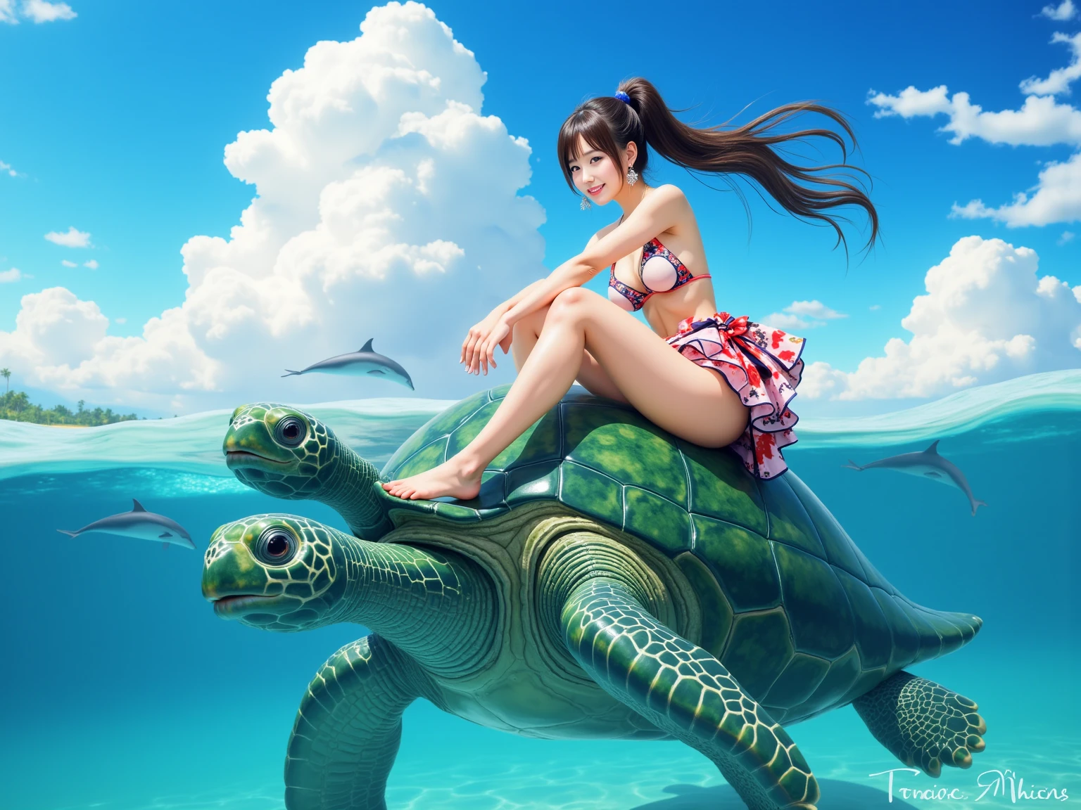 In the water、Men and women playing with turtles、cute、beautiful、Swimwear、Big Turtle、Large sea turtle、人よりBig Turtle、is swimming with turtles、Snorkeling、High-five with a turtle、Lots of coral、tropical fish、diving、スキューバdiving
