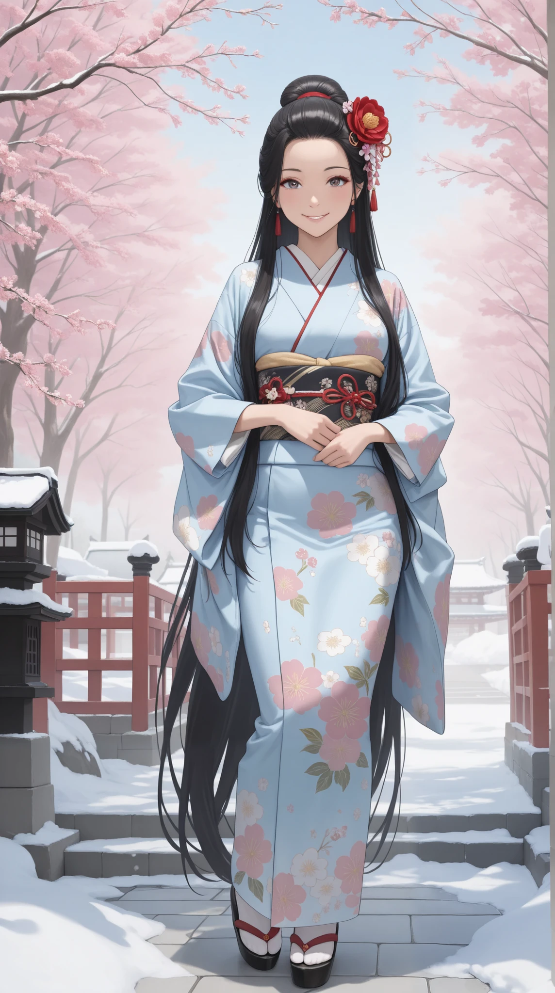 (( best quality )),( super high resolution),( very detailed),( Detailed explanation ),(( best CG )),( Best Works of Art ), Ultra Precision Art, Amazing Painting Art ,( Exact Detailed Art :1.5), woman, gentle gaze, smile, amount, Shiny Super Long Hair, Precise Floral Kimono , Flower blowing snow,